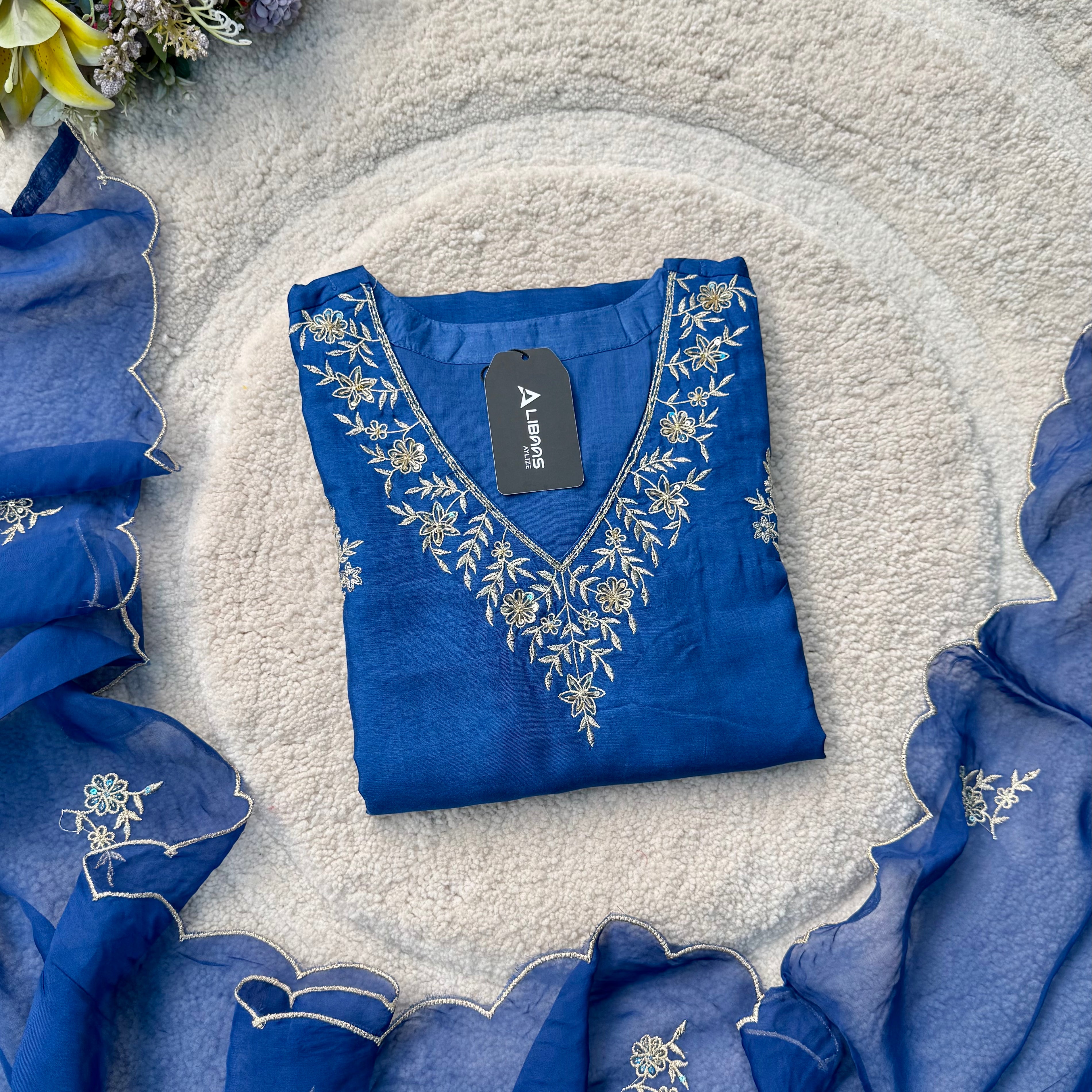 “Vanya” Beautiful Blue Dola silk handcrafted kurta set