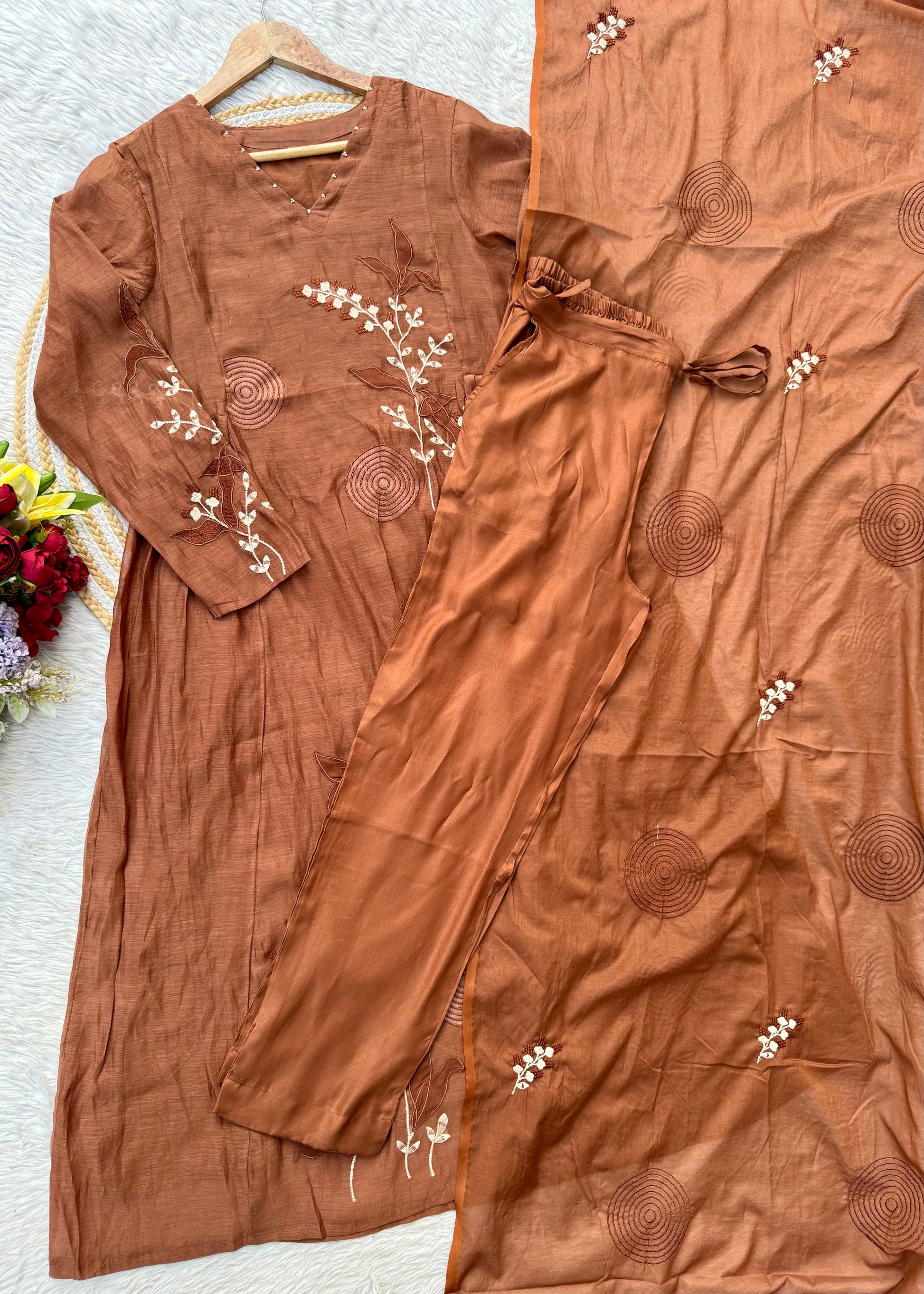 “SIZUMI” Rust Orange Mul Chanderi party wear anarkali suit set