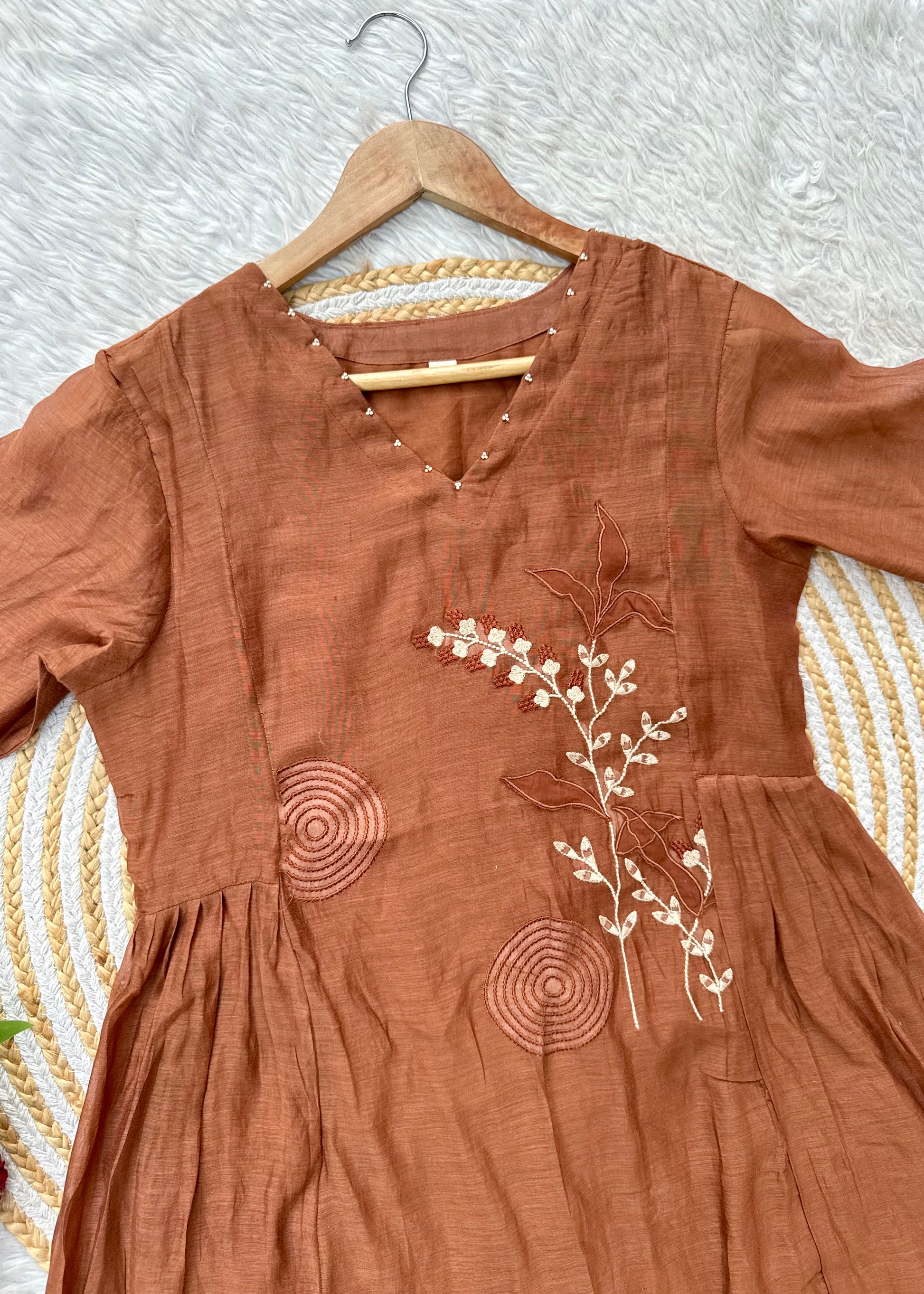 “SIZUMI” Rust Orange Mul Chanderi party wear anarkali suit set