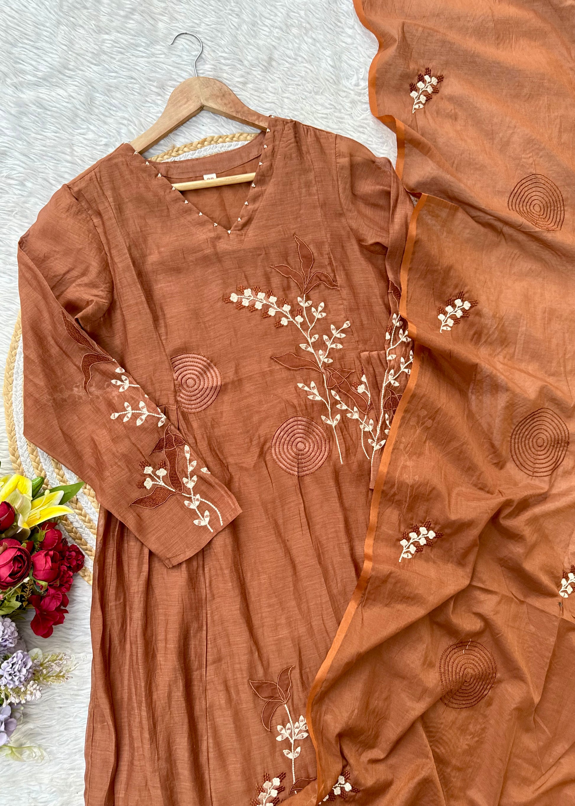 “SIZUMI” Rust Orange Mul Chanderi party wear anarkali suit set