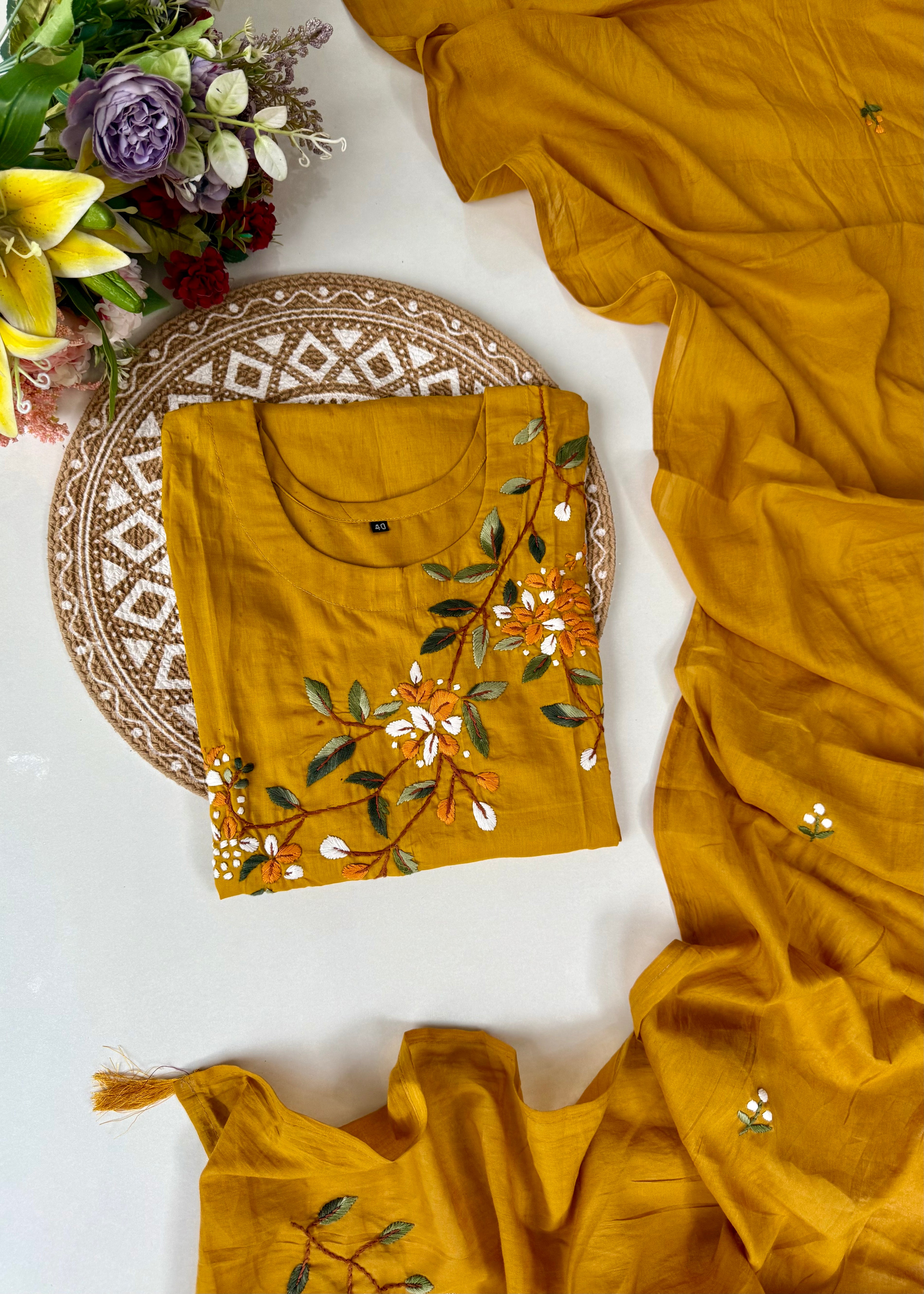 “Avnika” Premium cotton thread work kurta set