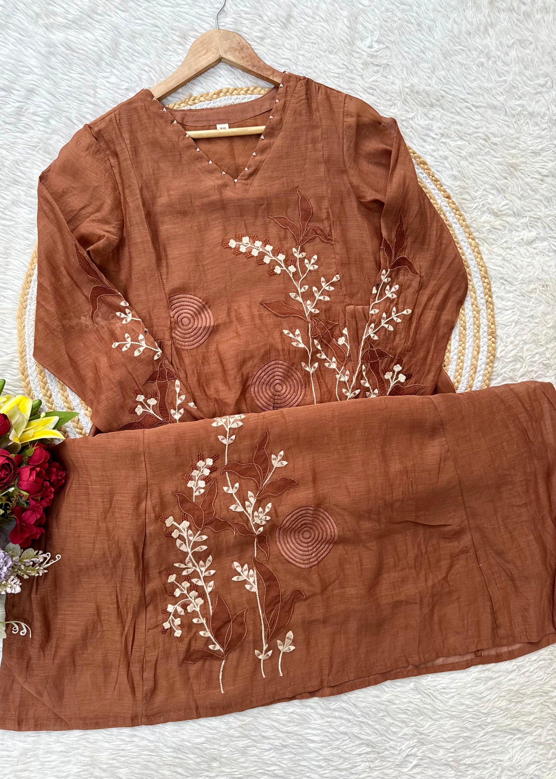 “SIZUMI” Rust Orange Mul Chanderi party wear anarkali suit set