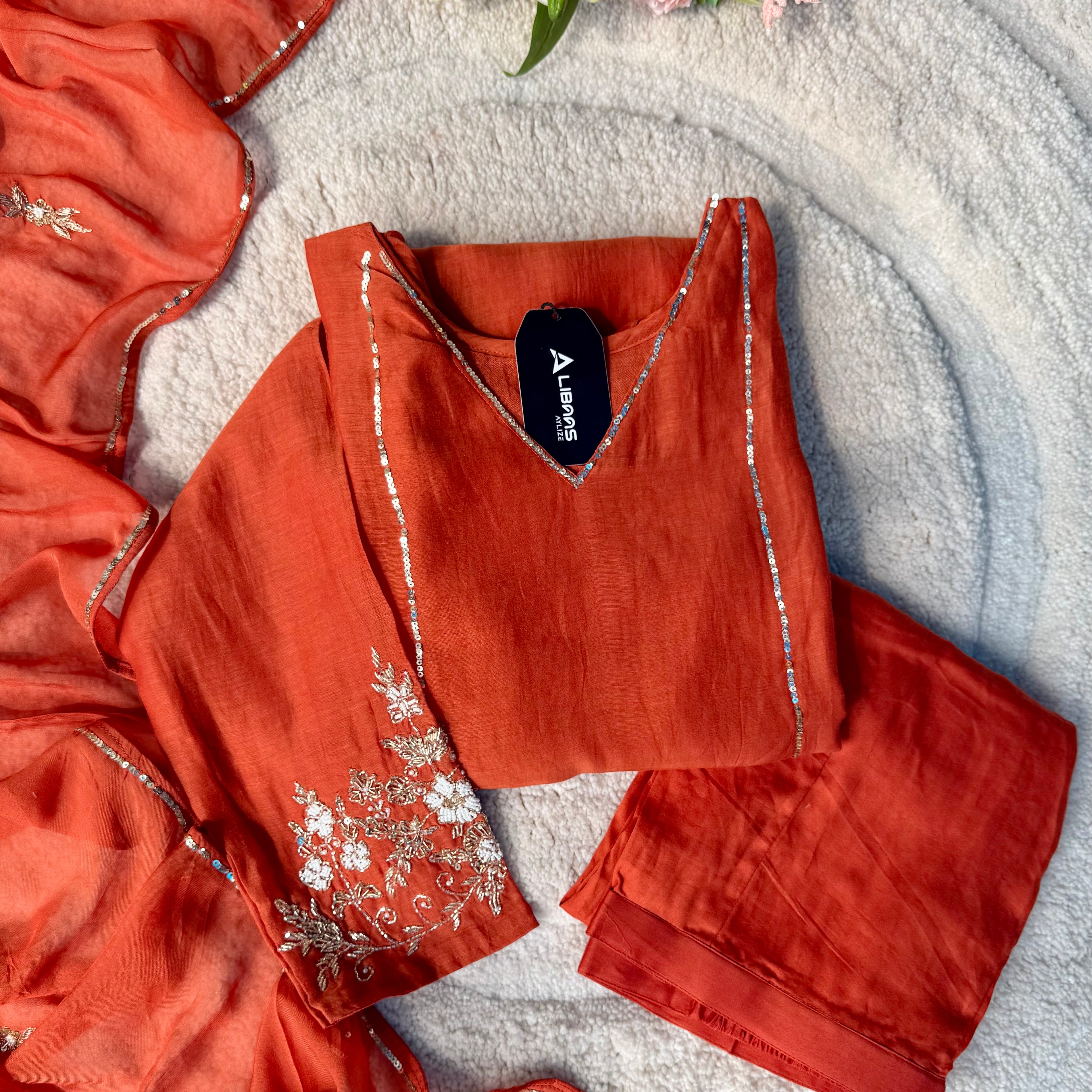 “Kanika” Orange Mul Chanderi A line Kurta Set