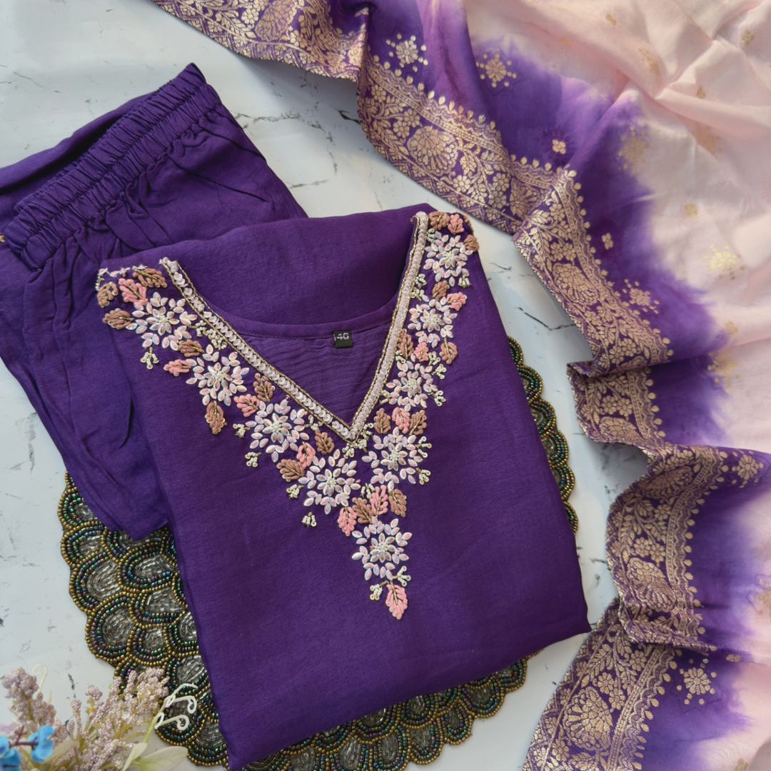 “Akansha” Purple dola silk handwork kurt set 🛍️