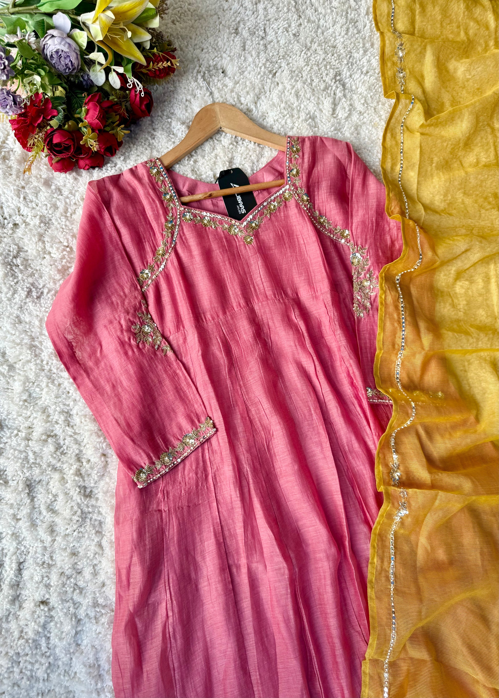 “Gulabo” Premium Rose Pink Mul Chanderi A-Line Suit 💕