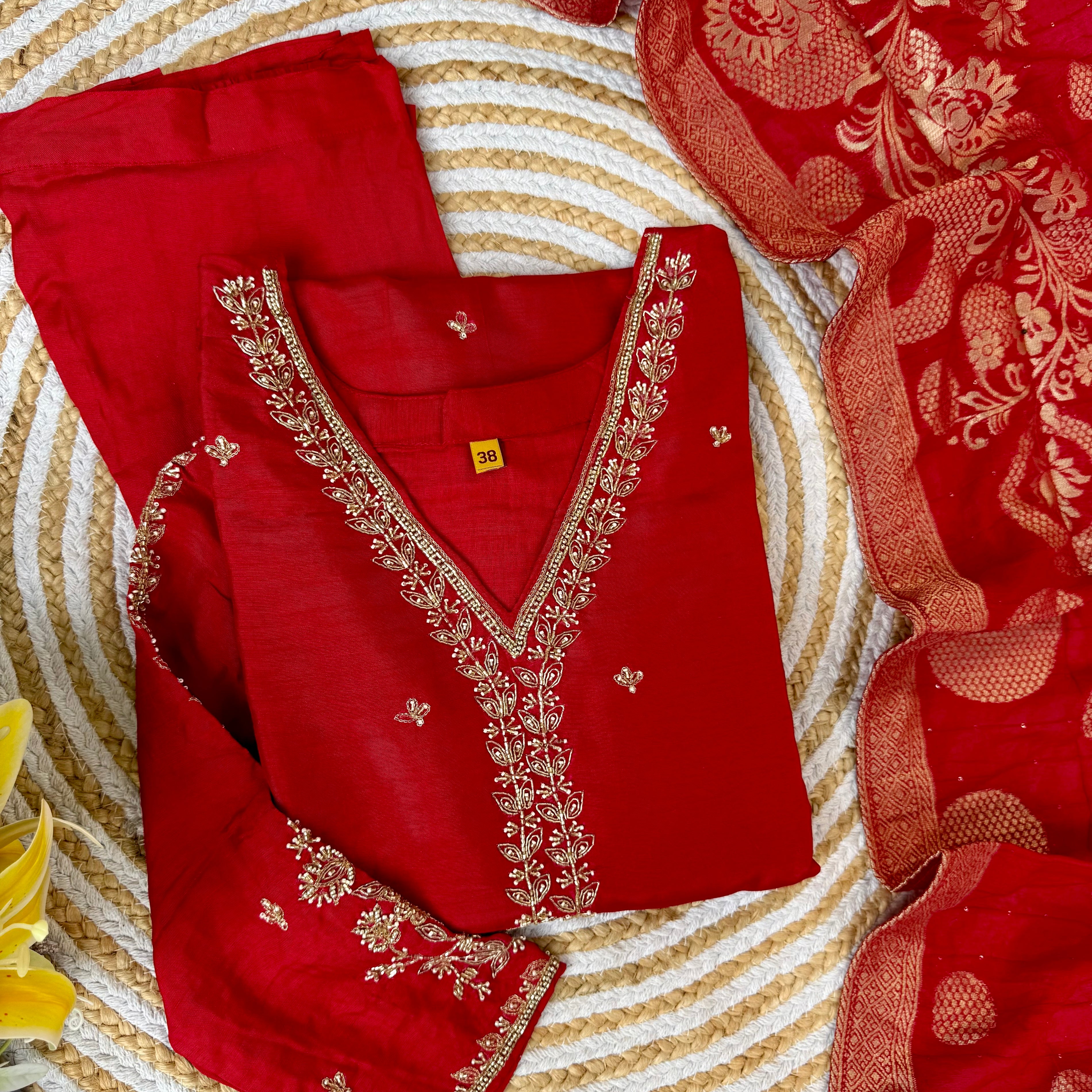 “ QAREENA” Latest handwork dola silk kurti bottom with banarsi dupatta set