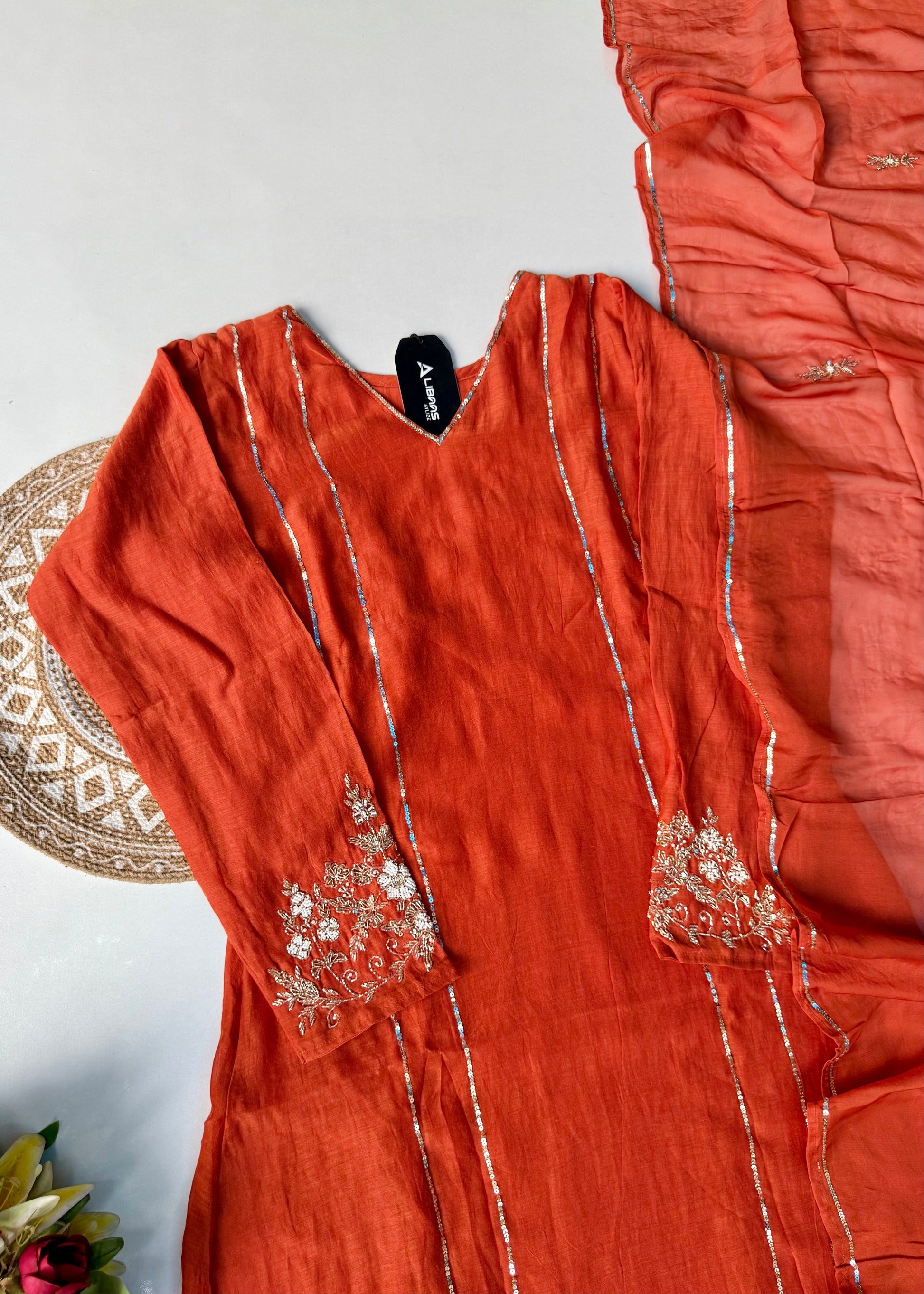 “Kanika” Orange Mul Chanderi A line Kurta Set