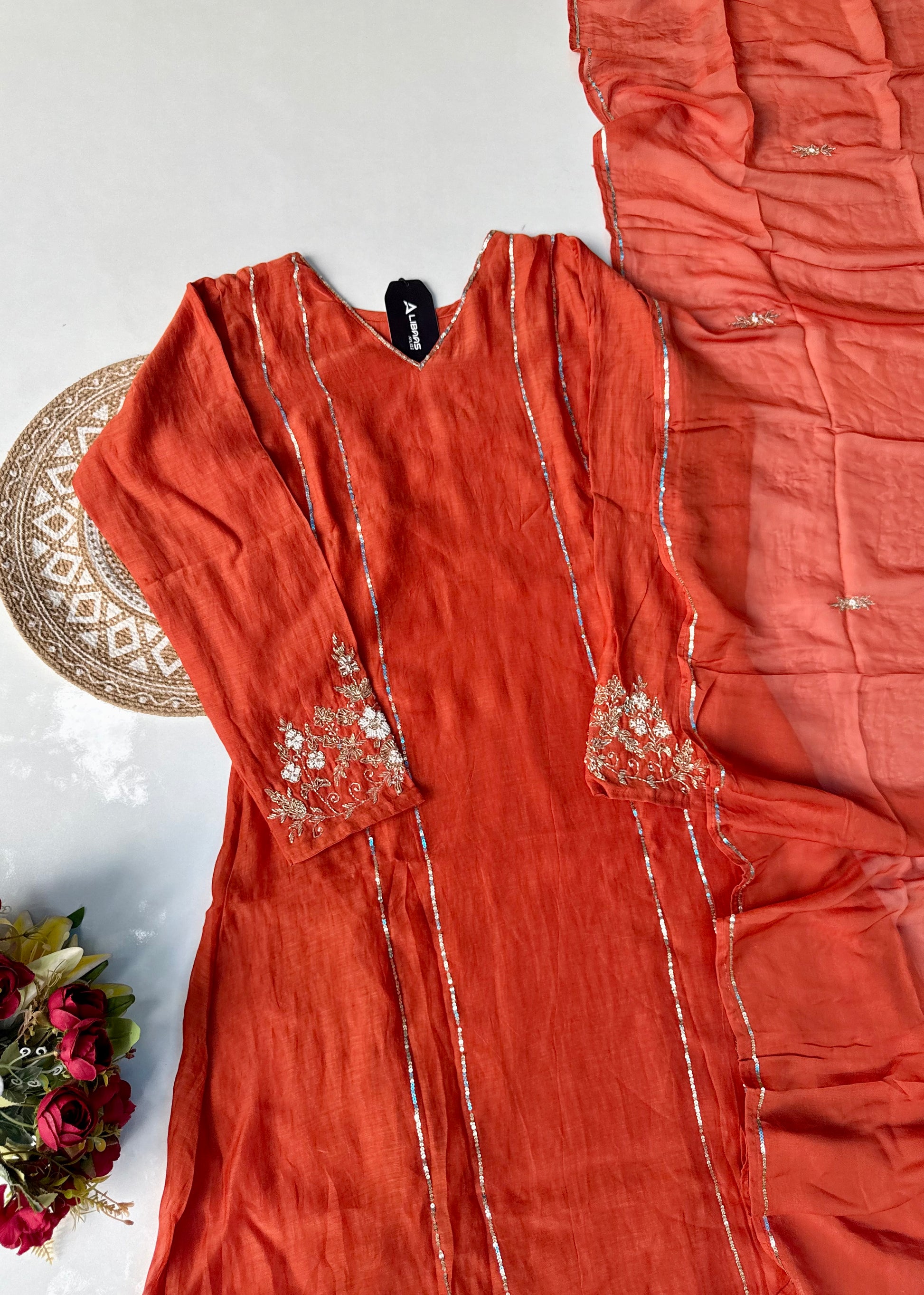 “Kanika” Orange Mul Chanderi A line Kurta Set