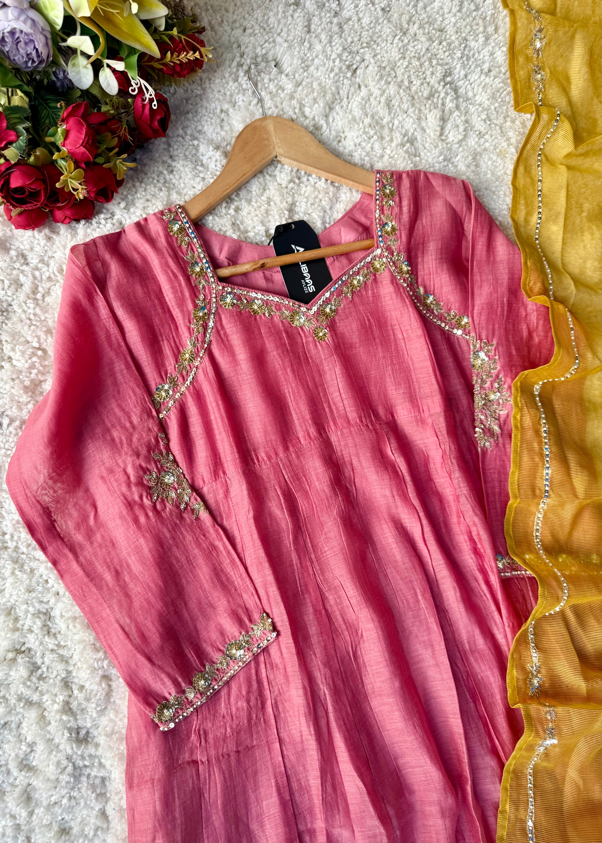 “Gulabo” Premium Rose Pink Mul Chanderi A-Line Suit 💕