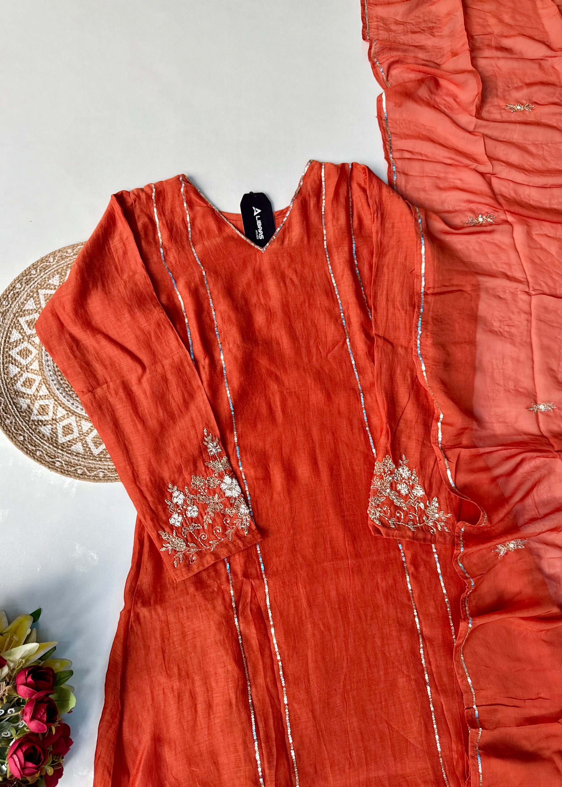 “Kanika” Orange Mul Chanderi A line Kurta Set