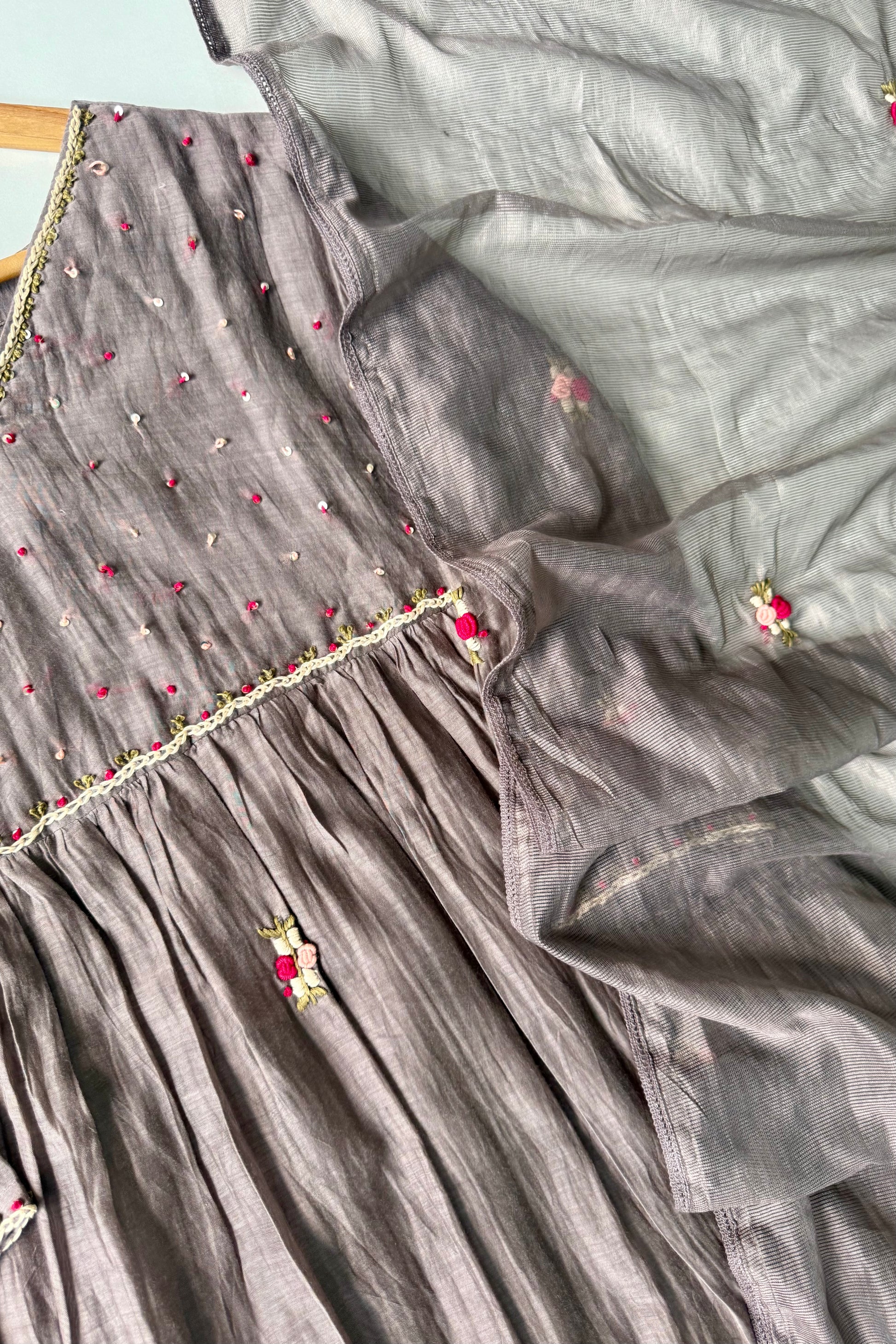 ✨” Smoky- Latest Smoky Taupe Grey Chanderi A-Line Kurta Set✨