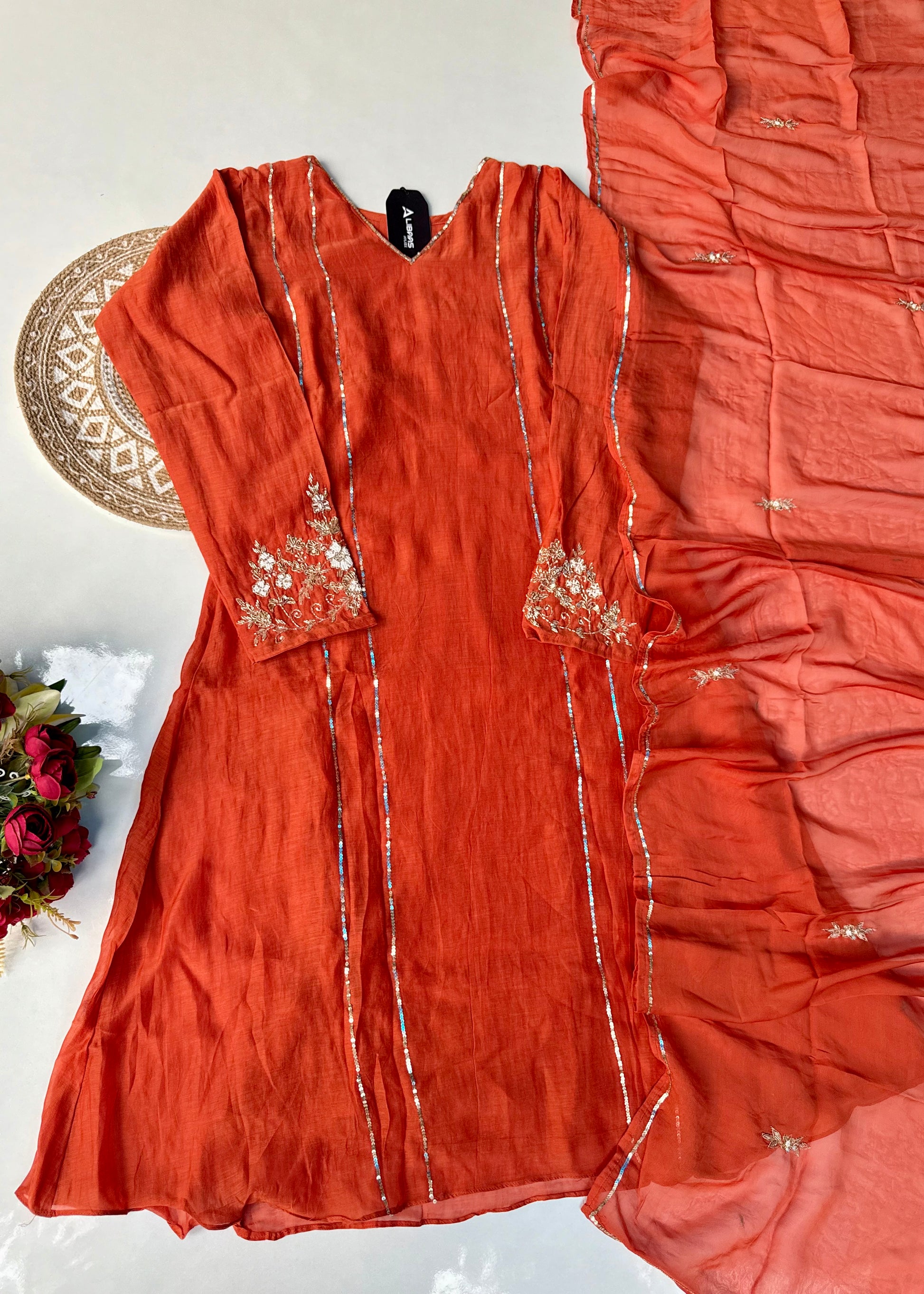 “Kanika” Orange Mul Chanderi A line Kurta Set