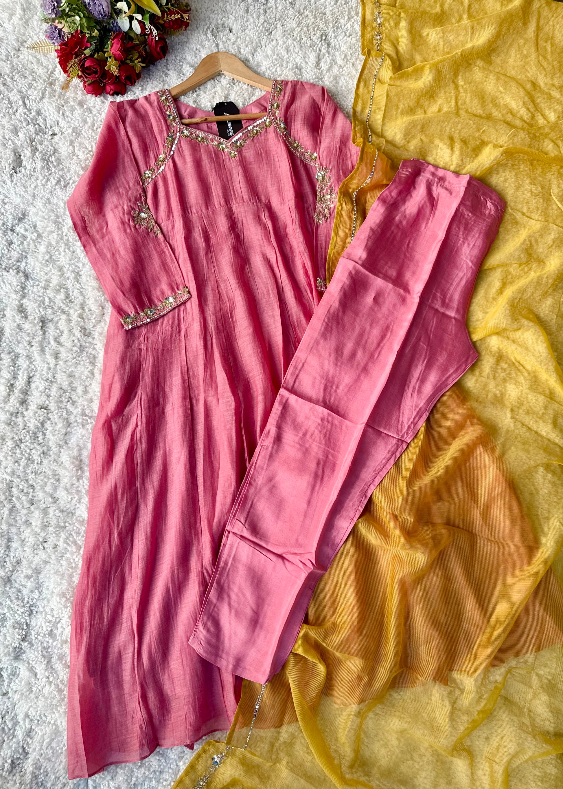 “Gulabo” Premium Rose Pink Mul Chanderi A-Line Suit 💕