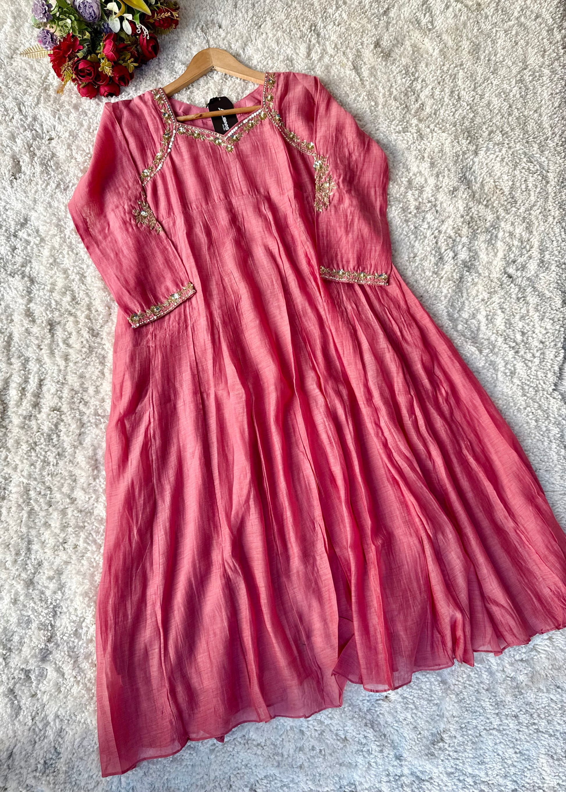 “Gulabo” Premium Rose Pink Mul Chanderi A-Line Suit 💕