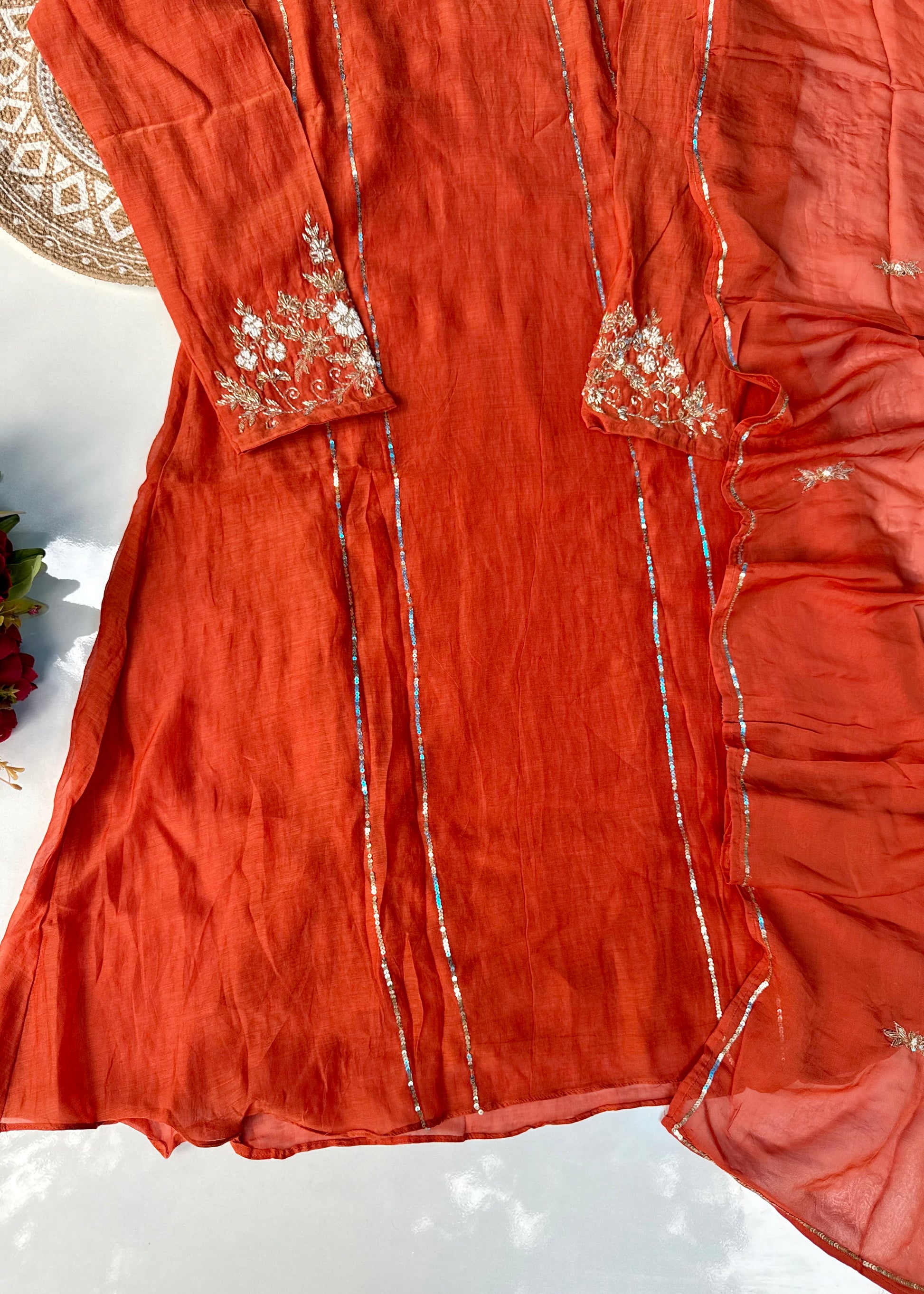 “Kanika” Orange Mul Chanderi A line Kurta Set