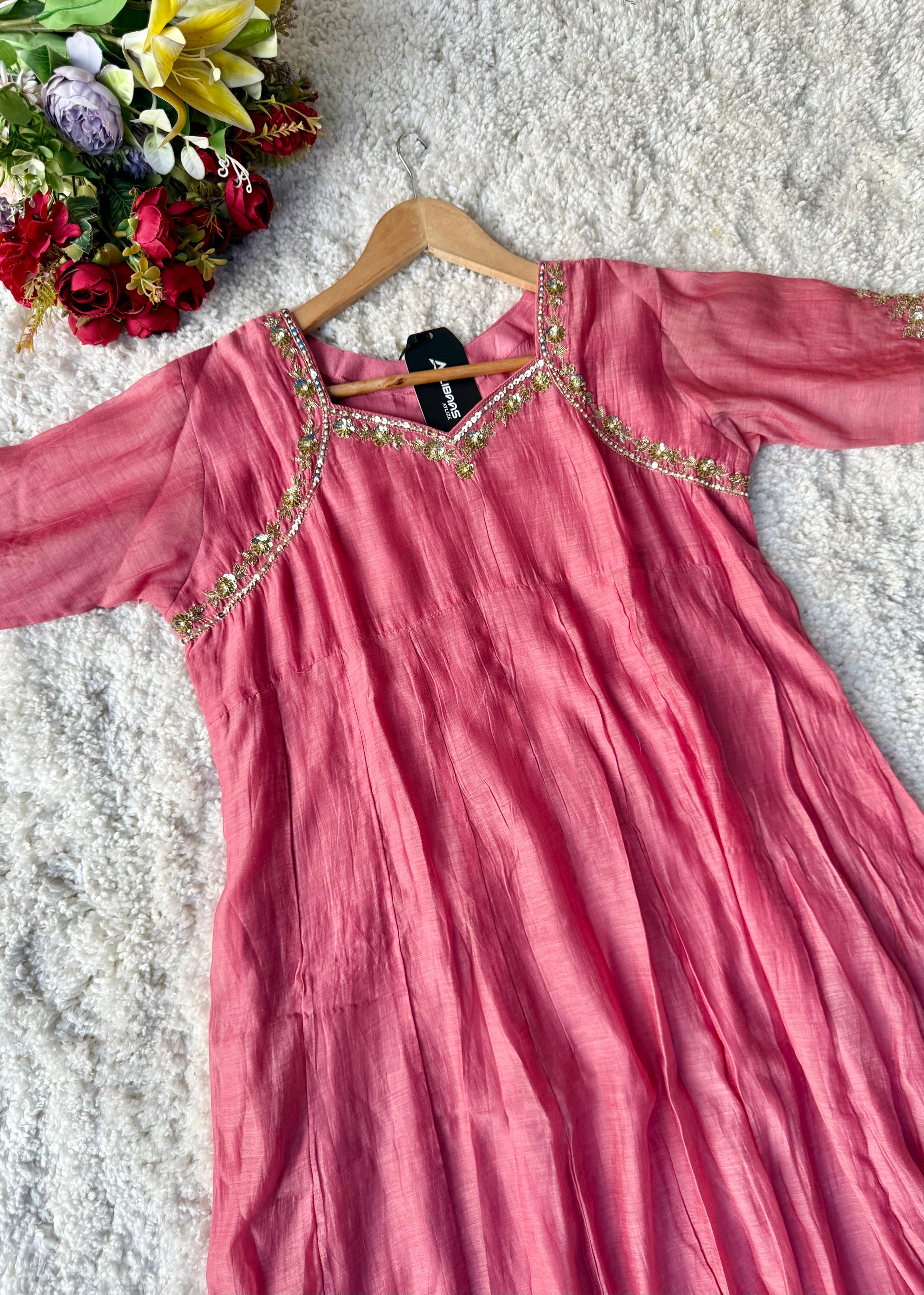 “Gulabo” Premium Rose Pink Mul Chanderi A-Line Suit 💕