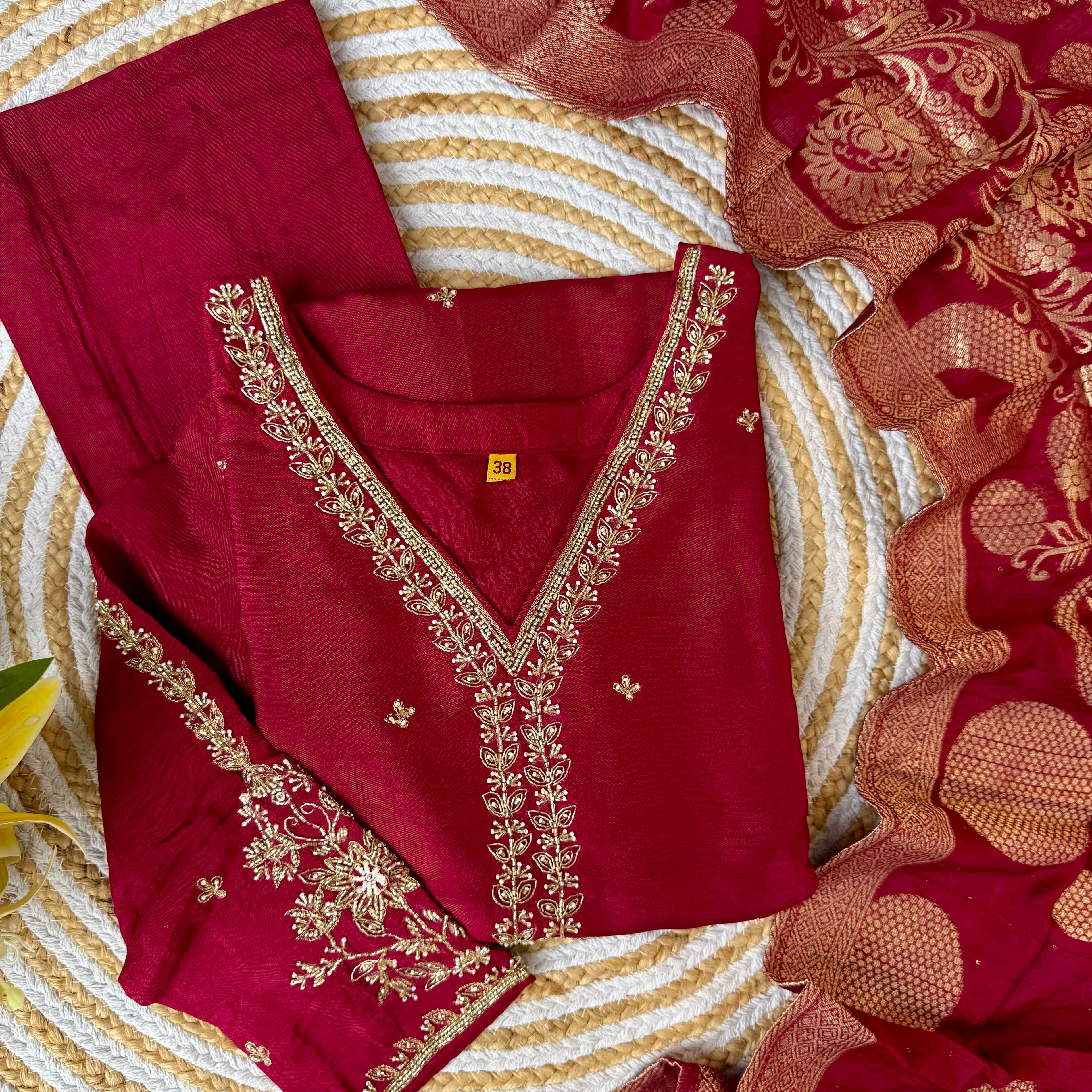 “ QAREENA” Latest handwork dola silk kurti bottom with banarsi dupatta set