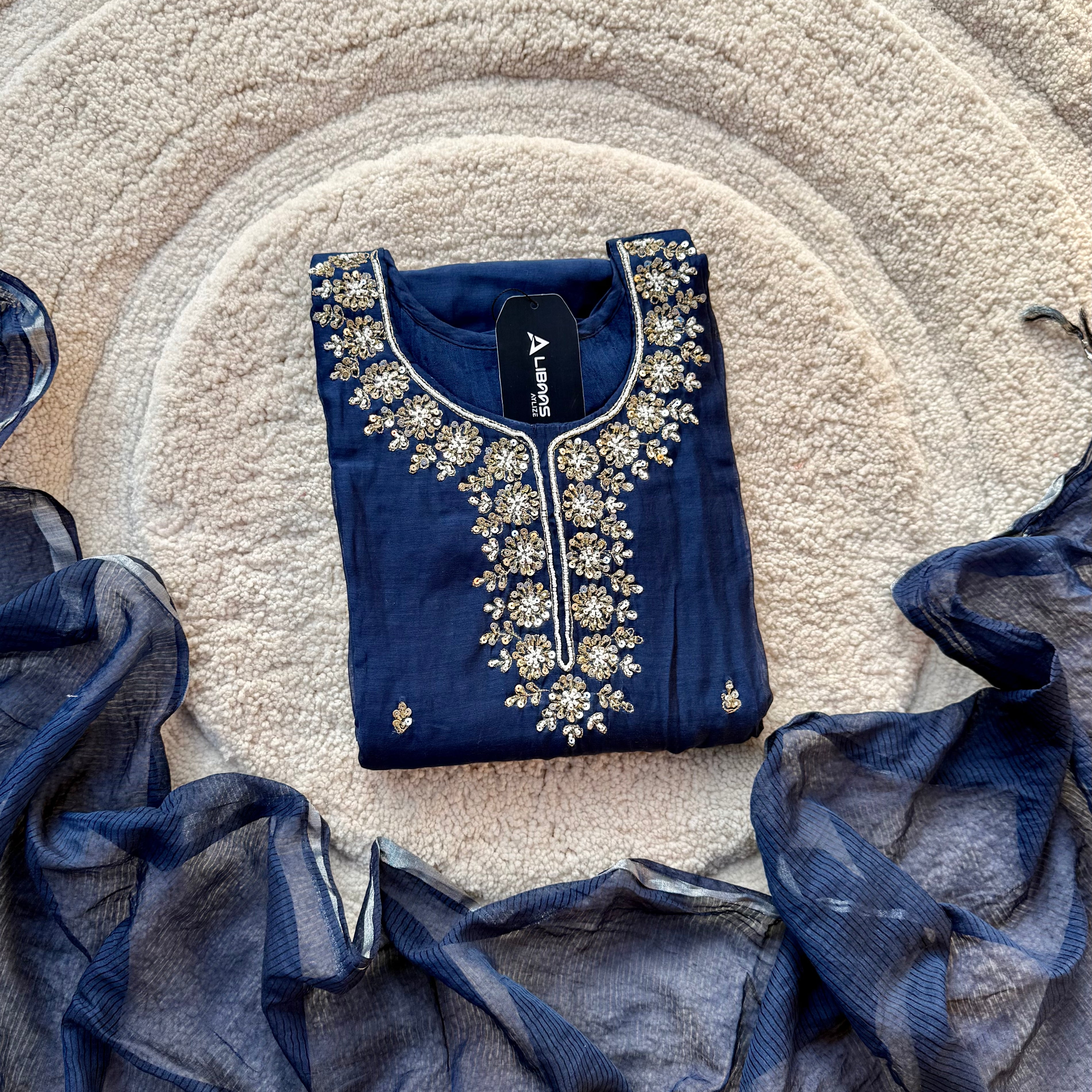 “Faraj” Navy Blue Pure Mul-Chanderi Party wear A Line suit set