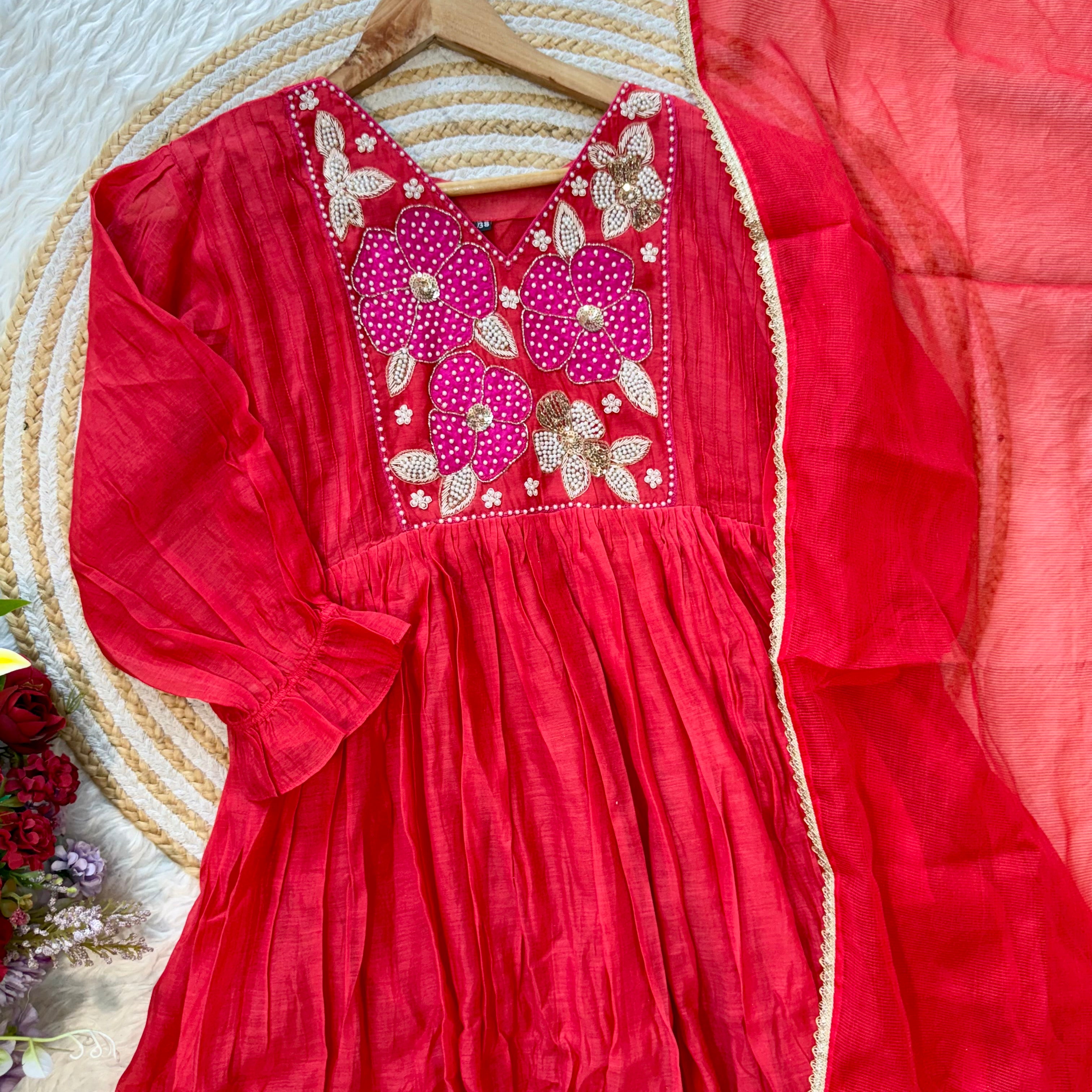 “NYLA” Beautiful Mul Chanderi anarkali kurti set