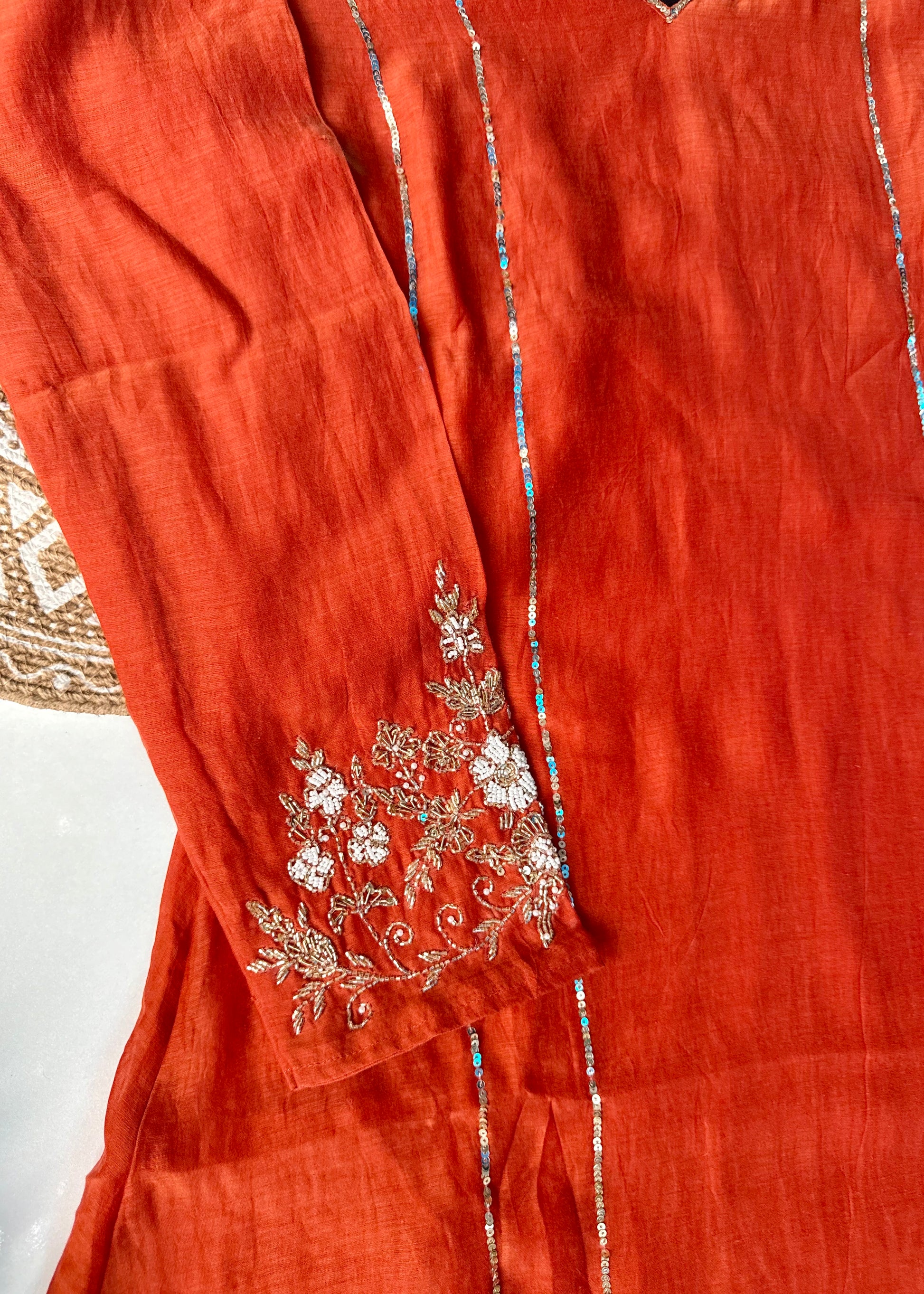 “Kanika” Orange Mul Chanderi A line Kurta Set