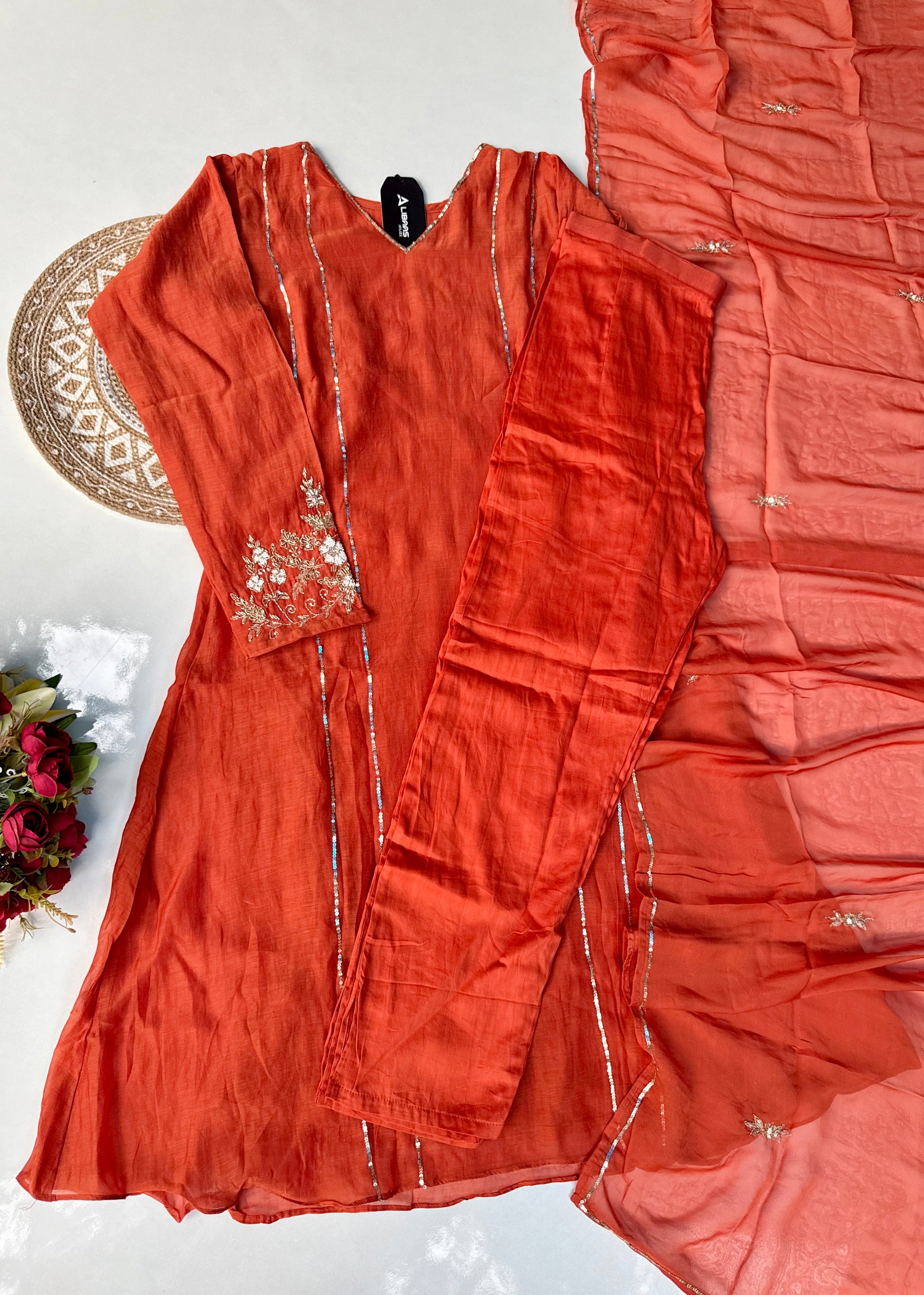 “Kanika” Orange Mul Chanderi A line Kurta Set