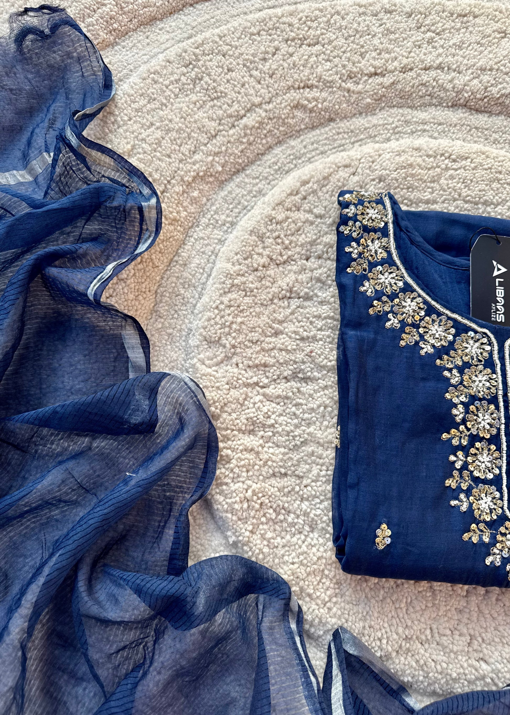 “Faraj” Navy Blue Pure Mul-Chanderi Party wear A Line suit set