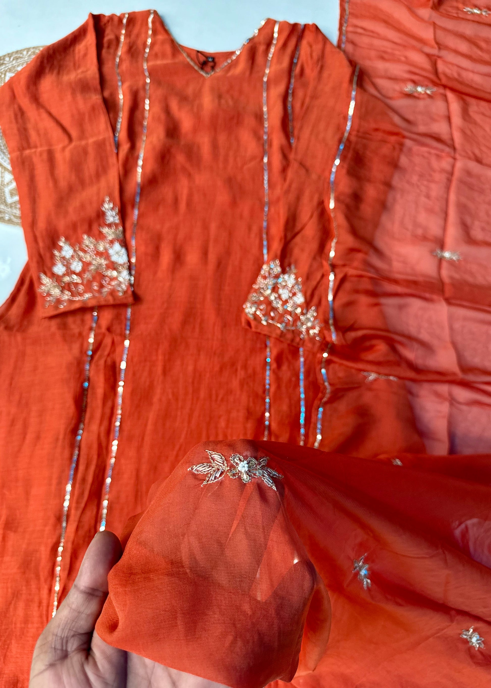 “Kanika” Orange Mul Chanderi A line Kurta Set