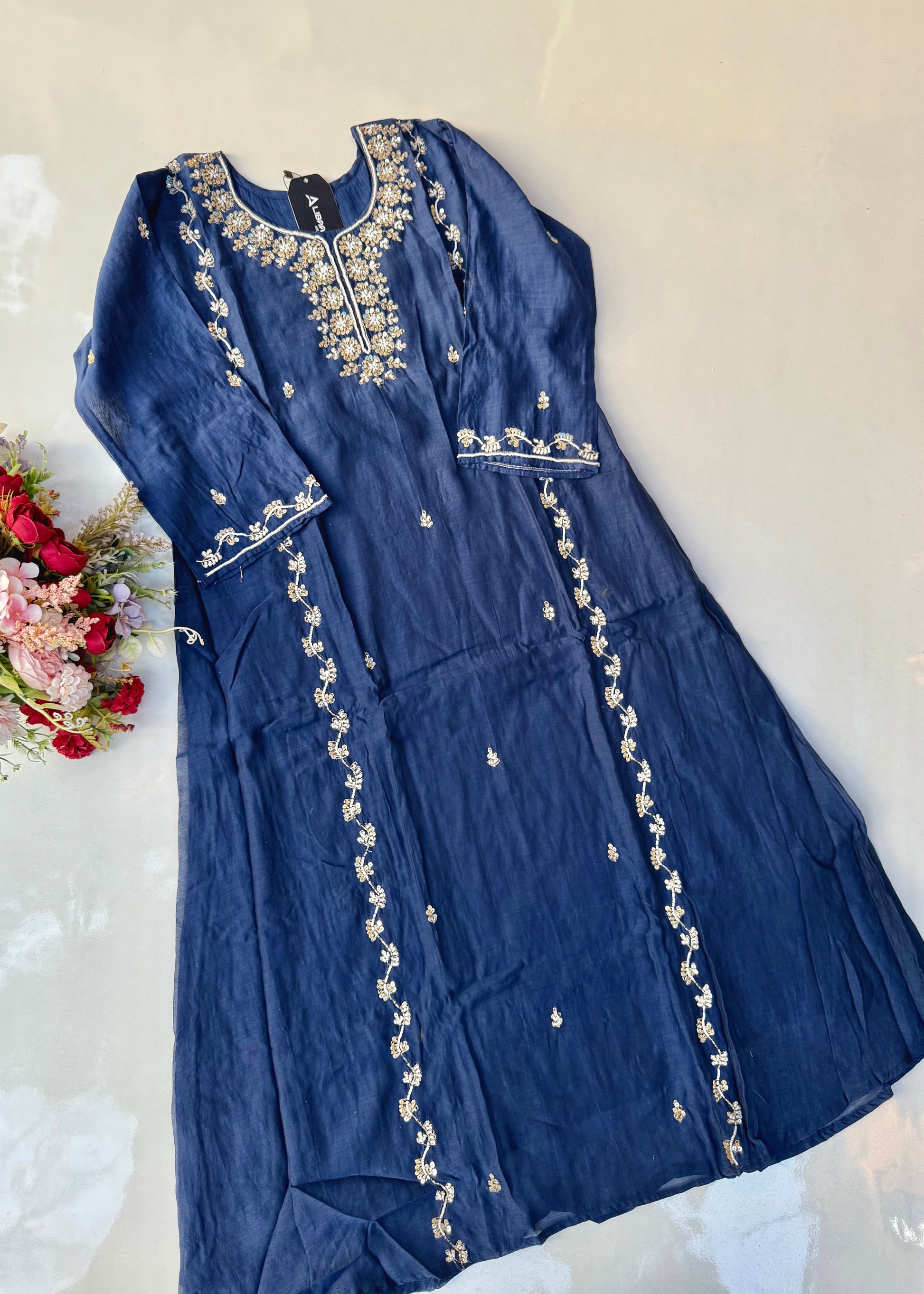 “Faraj” Navy Blue Pure Mul-Chanderi Party wear A Line suit set