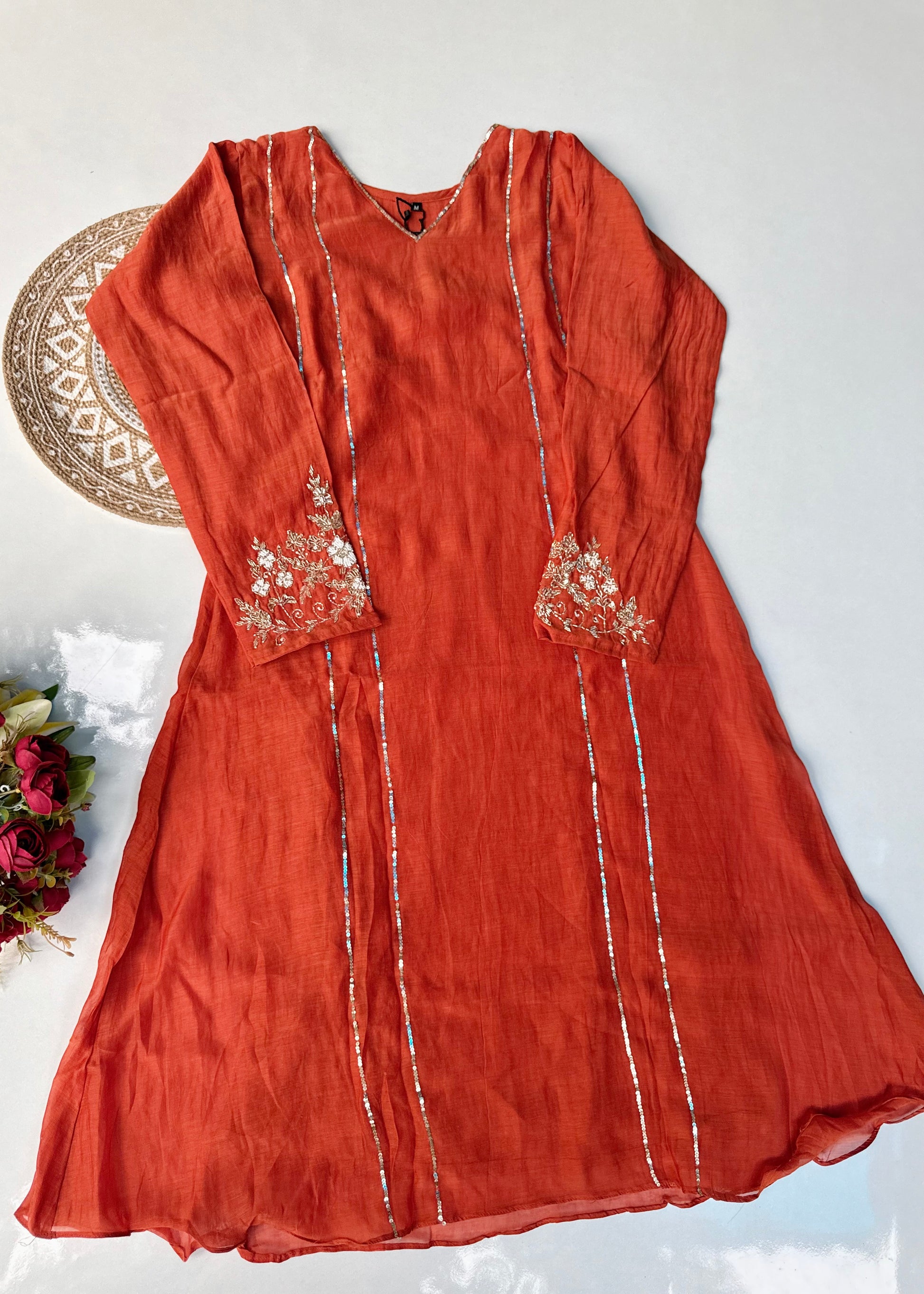 “Kanika” Orange Mul Chanderi A line Kurta Set