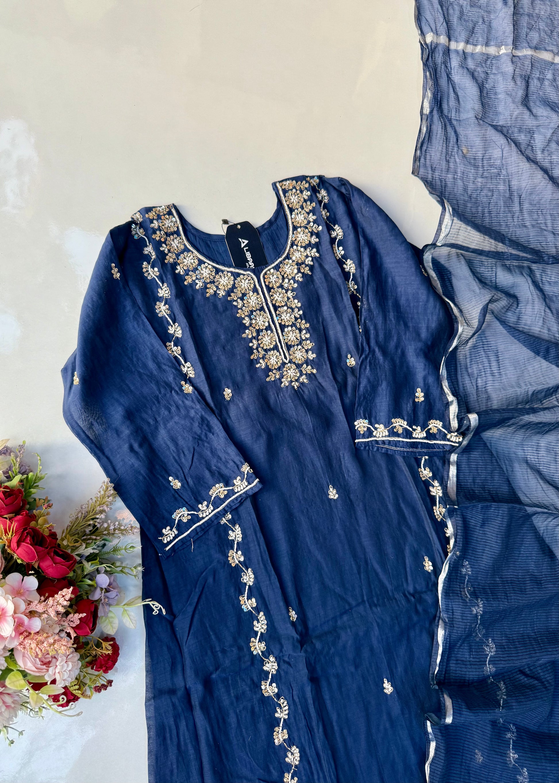 “Faraj” Navy Blue Pure Mul-Chanderi Party wear A Line suit set