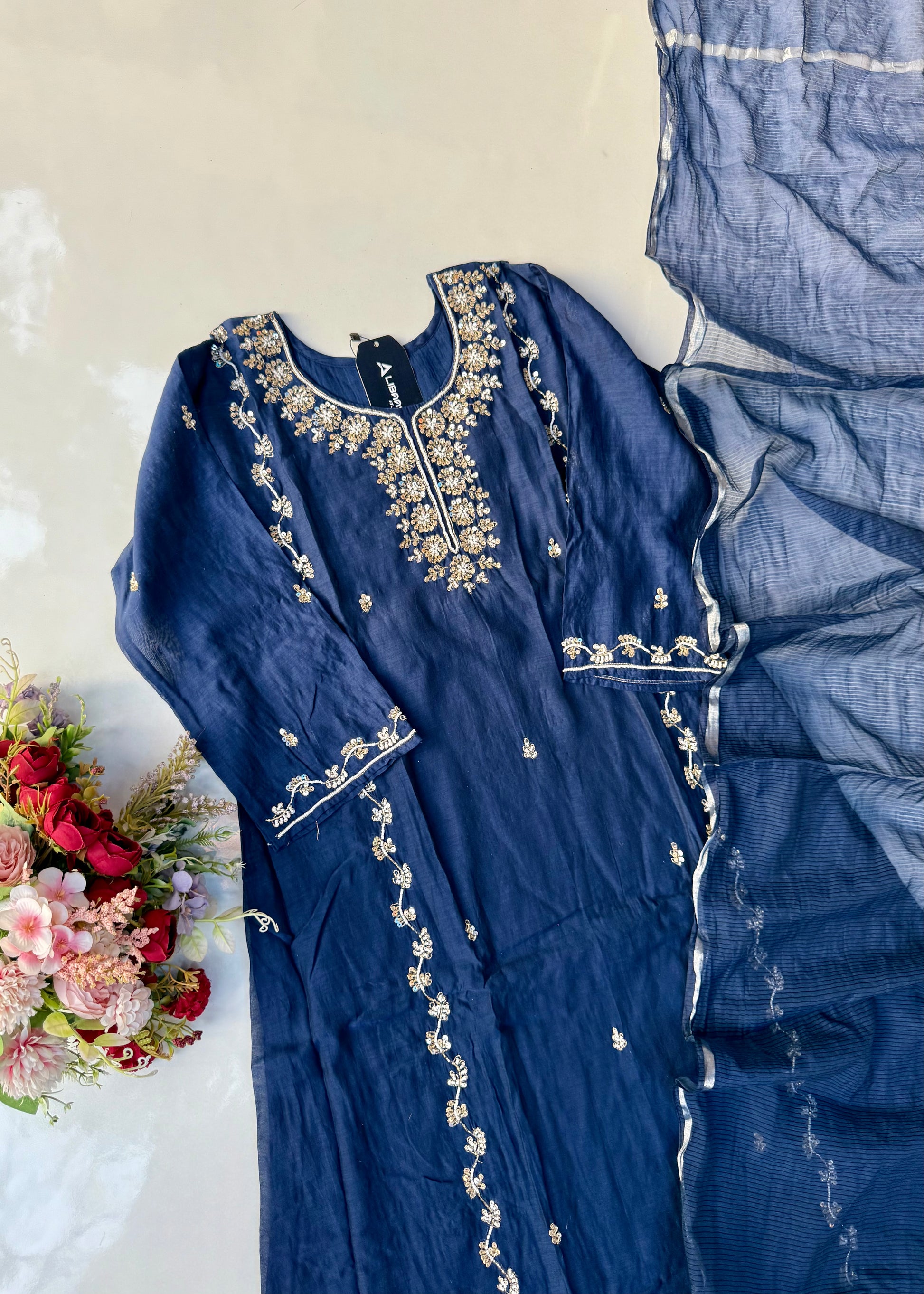 “Faraj” Navy Blue Pure Mul-Chanderi Party wear A Line suit set