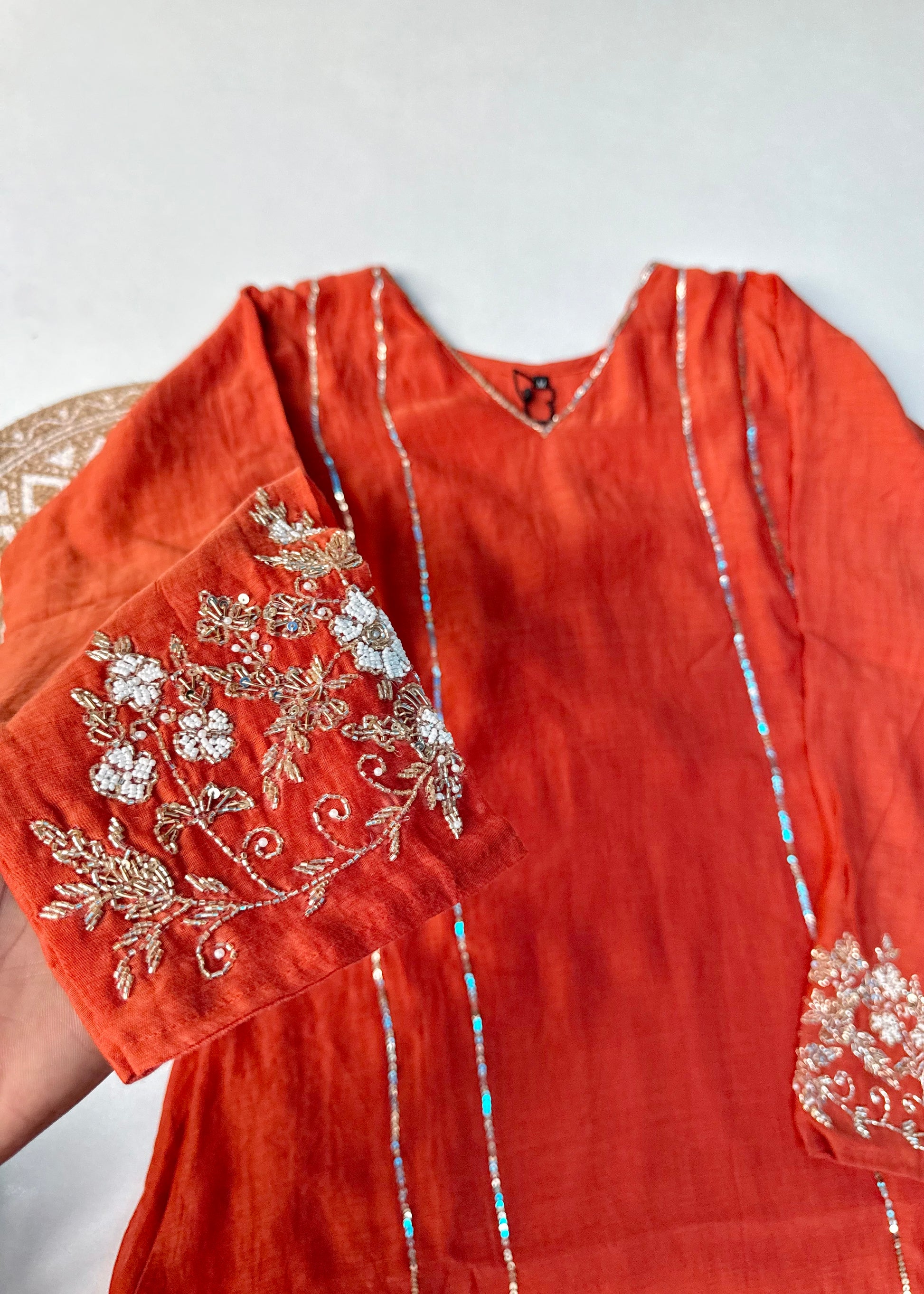 “Kanika” Orange Mul Chanderi A line Kurta Set