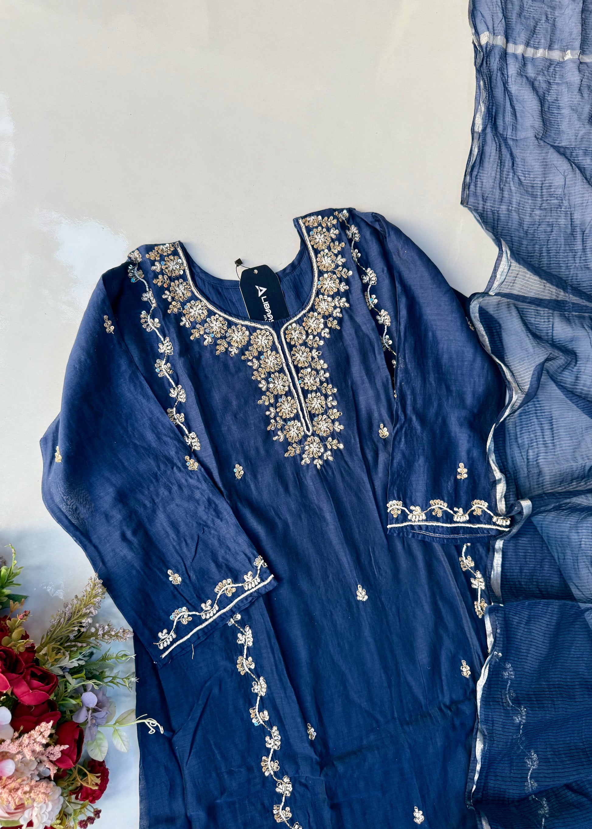 “Faraj” Navy Blue Pure Mul-Chanderi Party wear A Line suit set