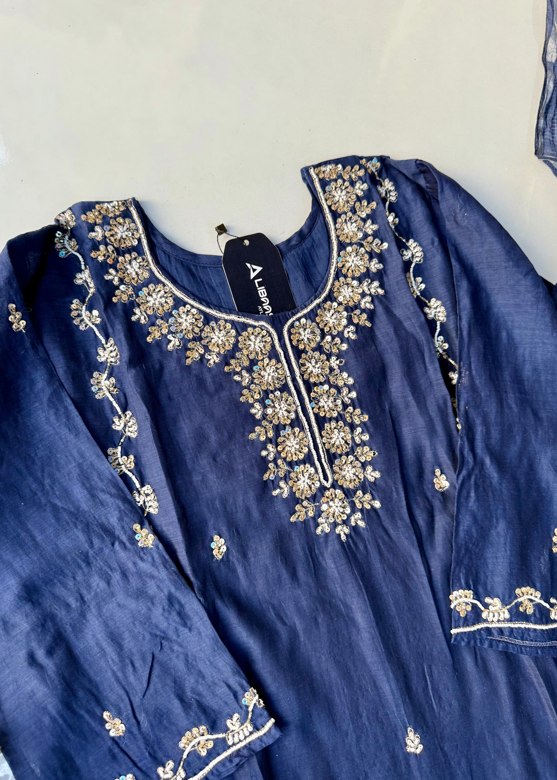 “Faraj” Navy Blue Pure Mul-Chanderi Party wear A Line suit set