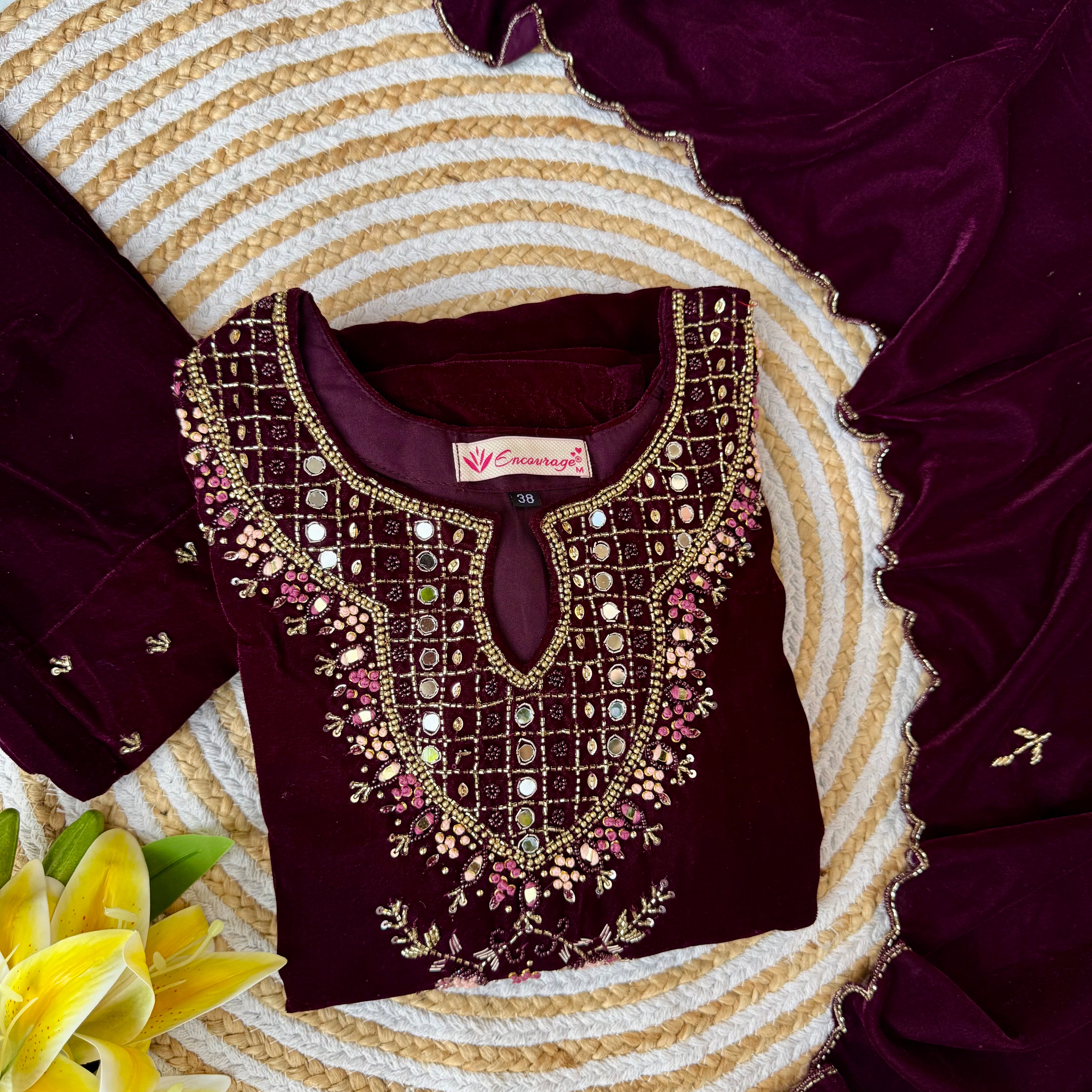 “Jivika” Maroon heavy velvet handwork suit set