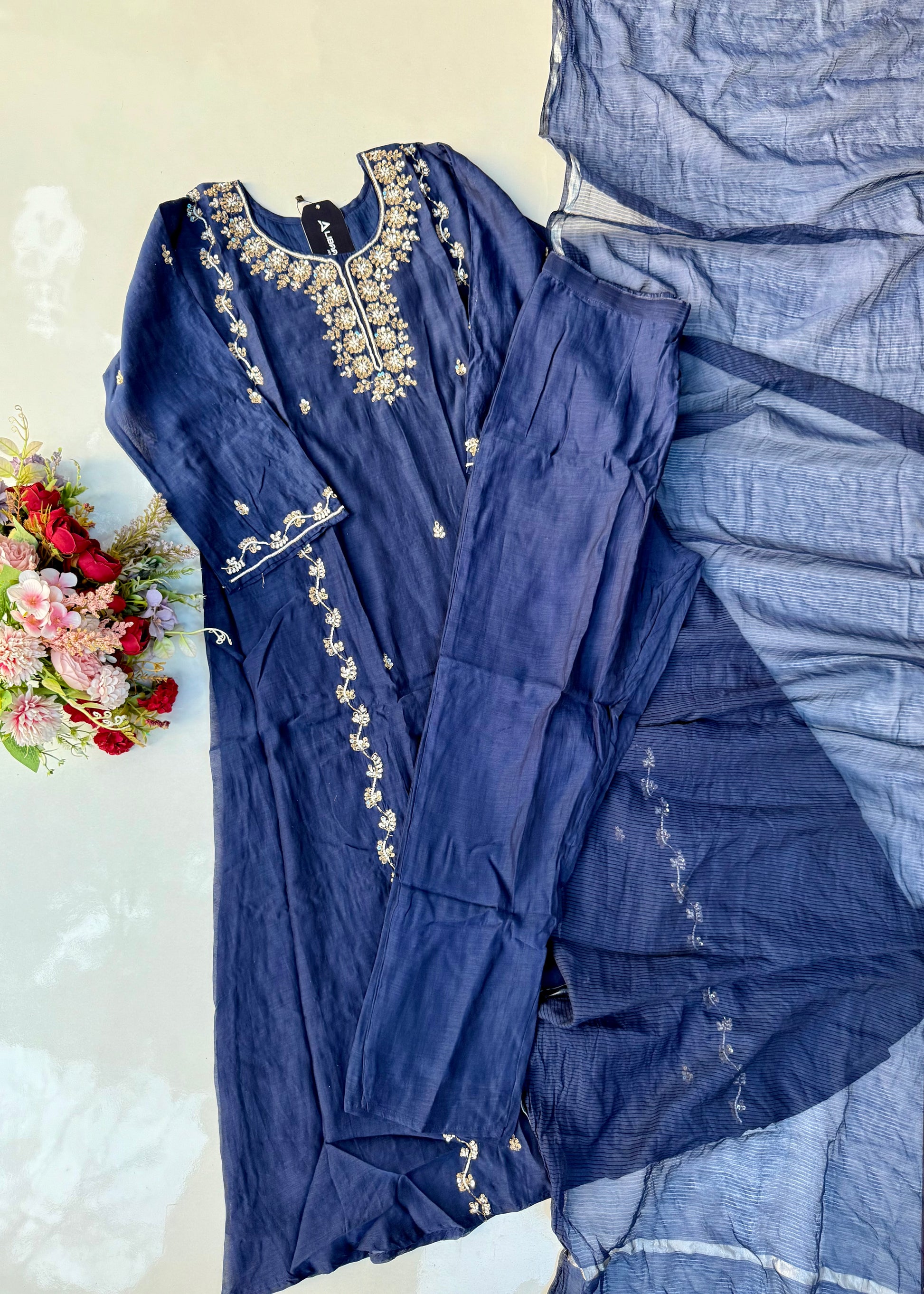 “Faraj” Navy Blue Pure Mul-Chanderi Party wear A Line suit set