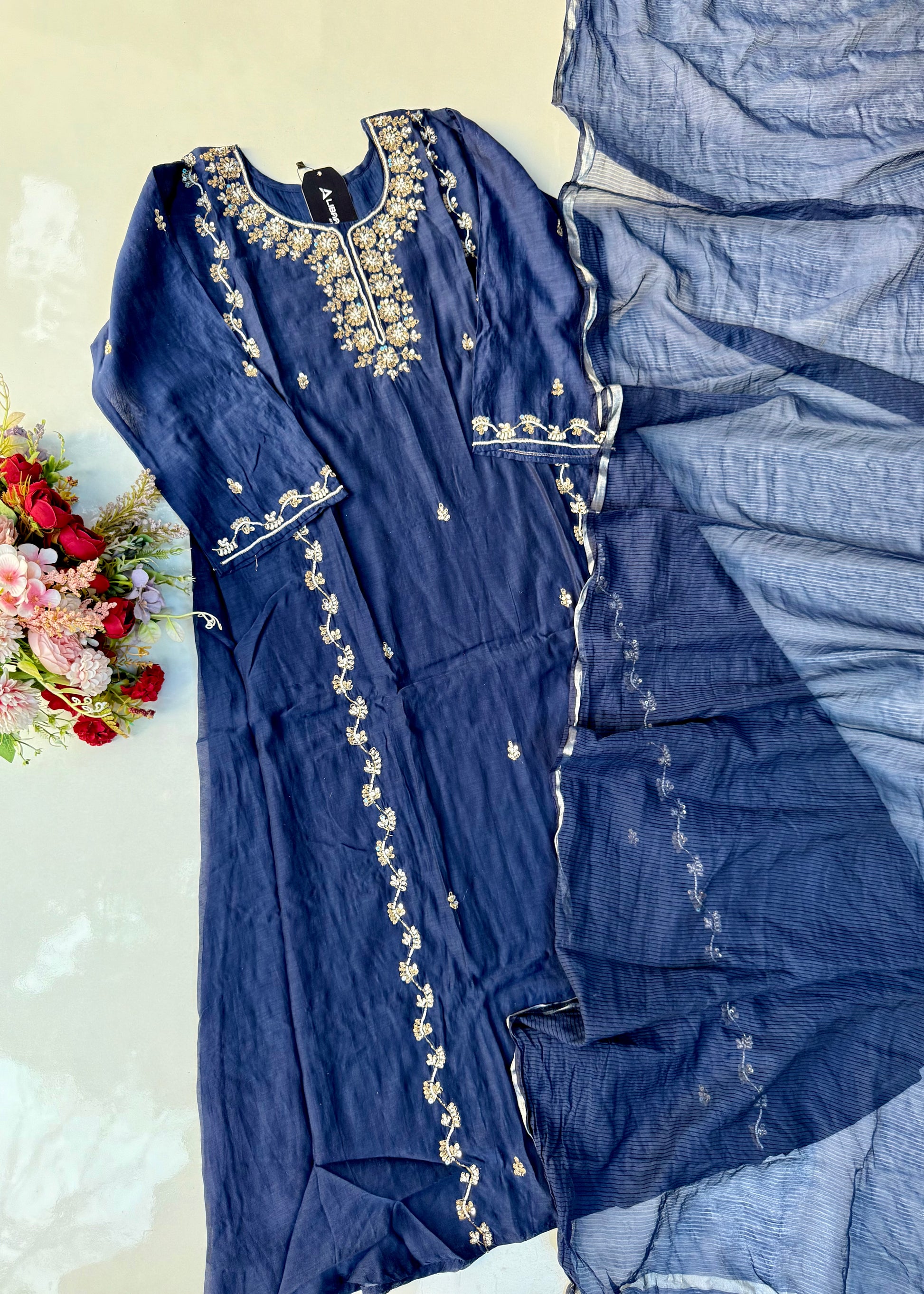 “Faraj” Navy Blue Pure Mul-Chanderi Party wear A Line suit set