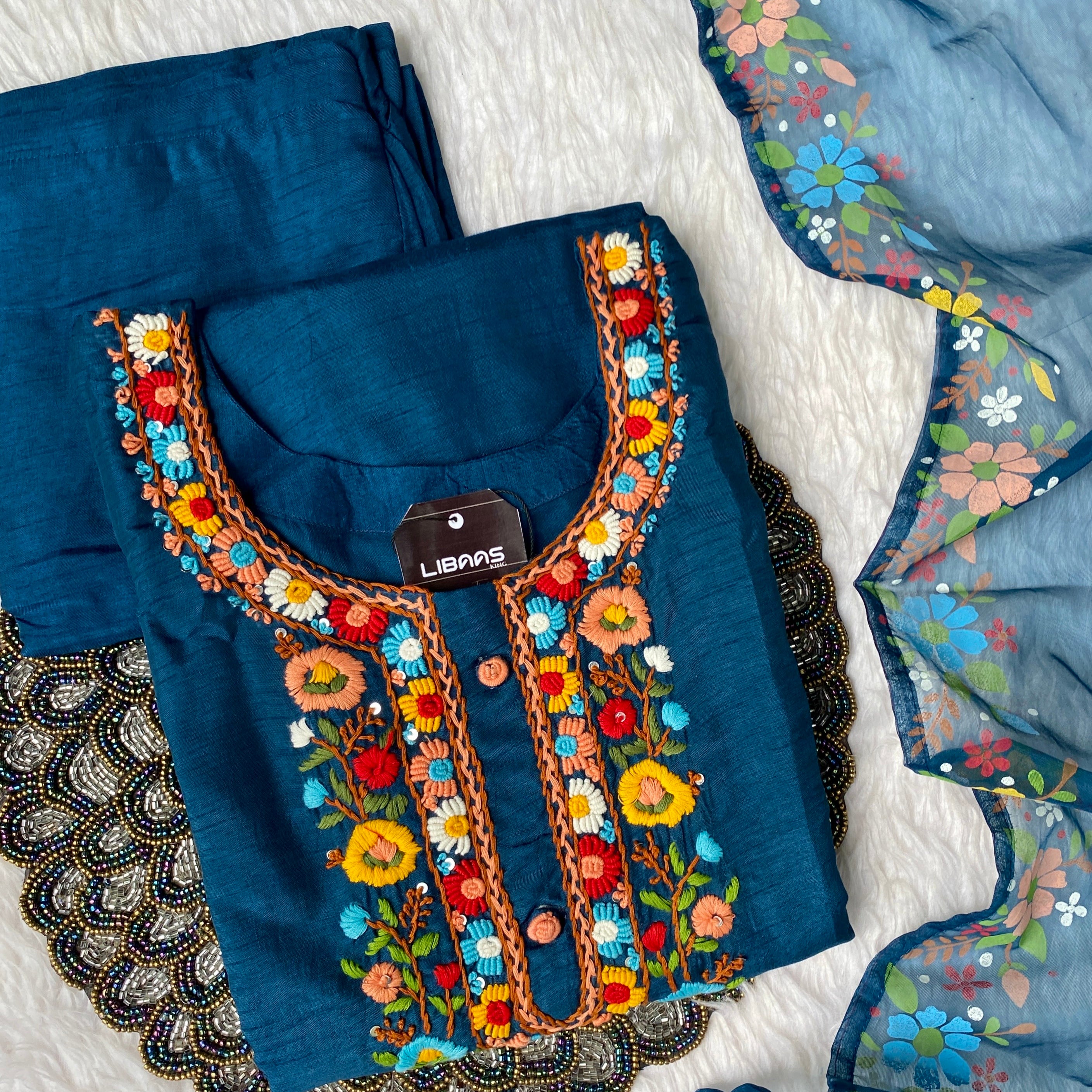 ‘’KASHISH” Handcrafted Dola Silk Kurta Dupatta Bottom Set
