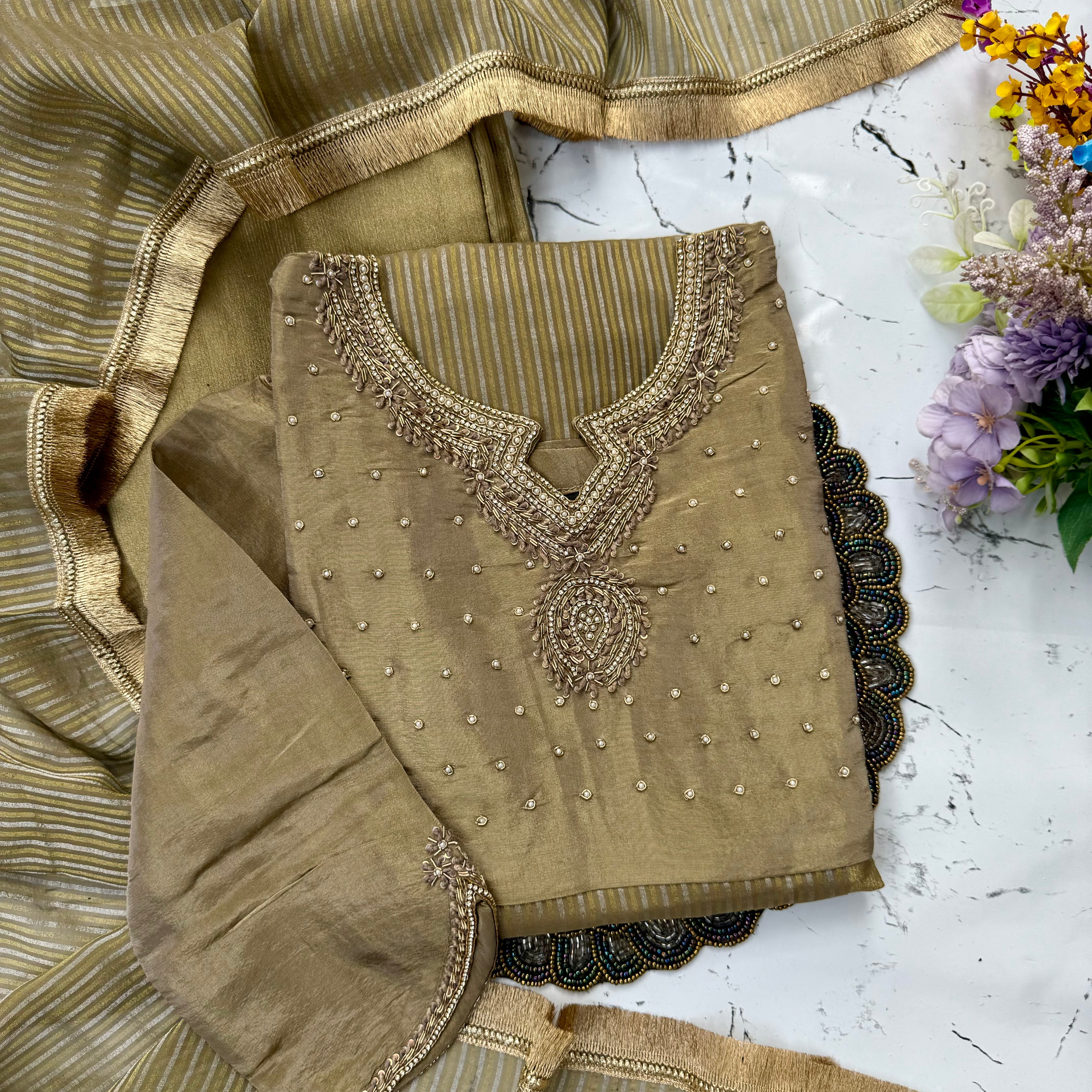 “Trisha” Tissue silk kurti palazzo with dupatta set 💚