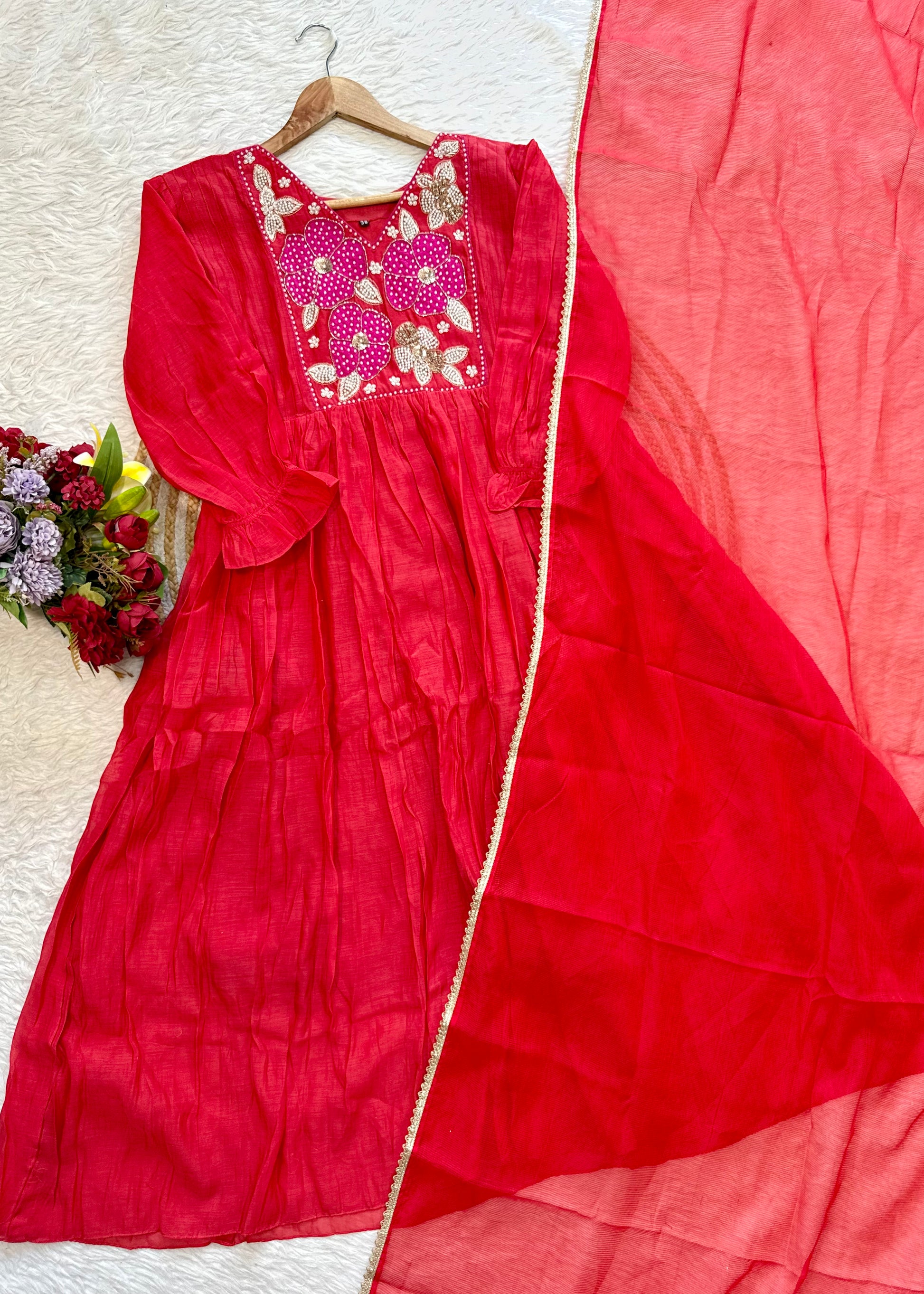 “NYLA” Beautiful Mul Chanderi anarkali kurti set