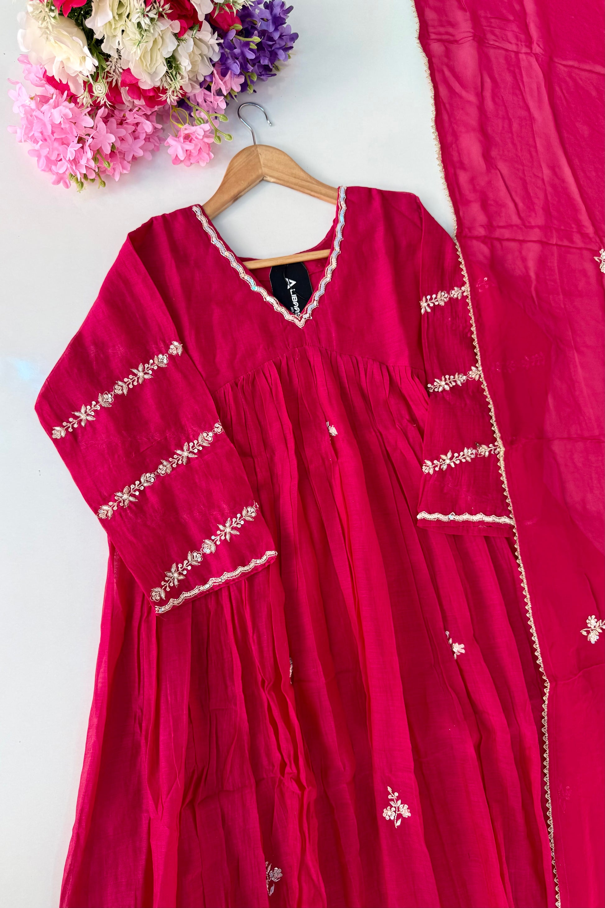 ❤️Princess – Premium Pink Mul Chanderi A Line Kurta Set