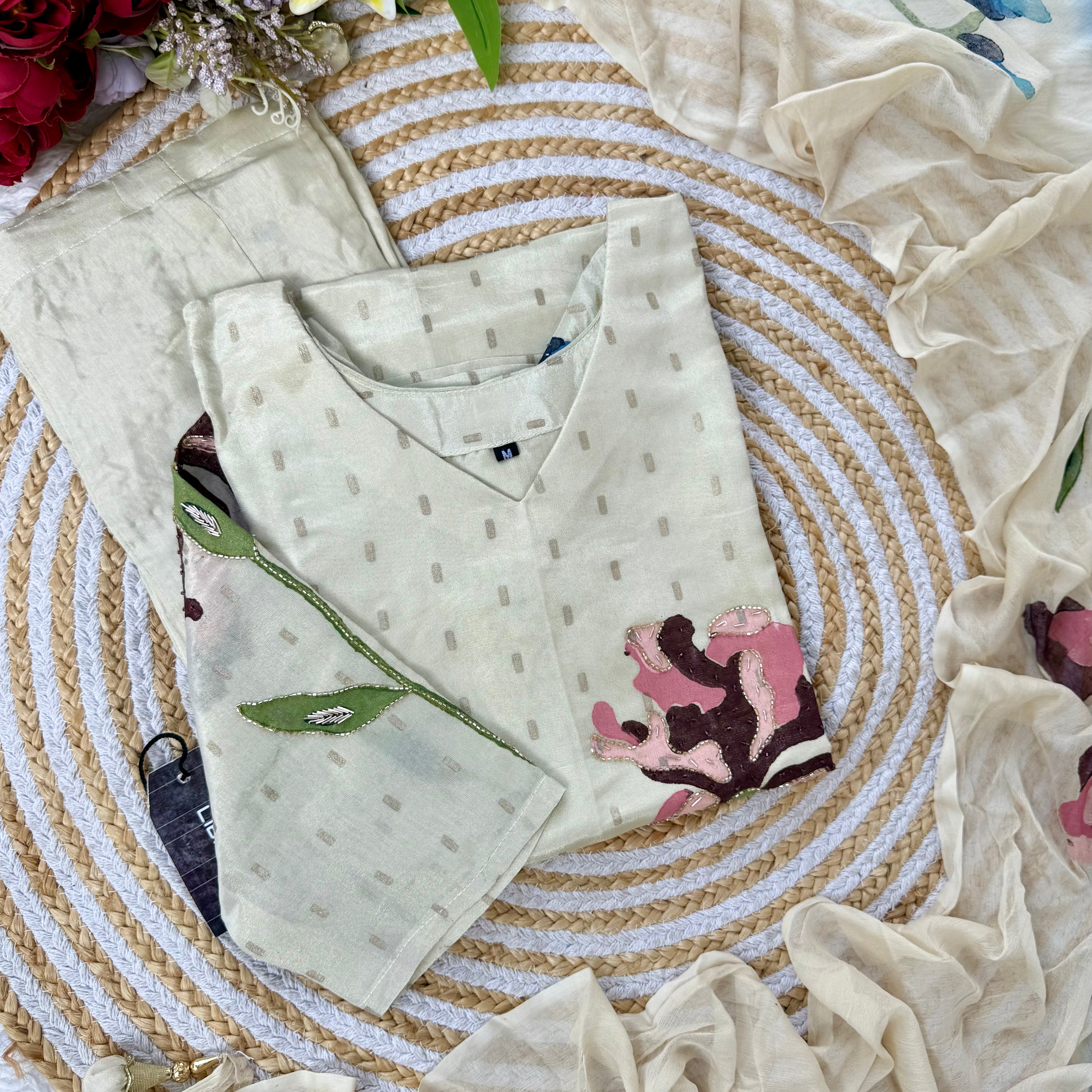 “SUZEN” Tissue silk handprinted floral work kurta set