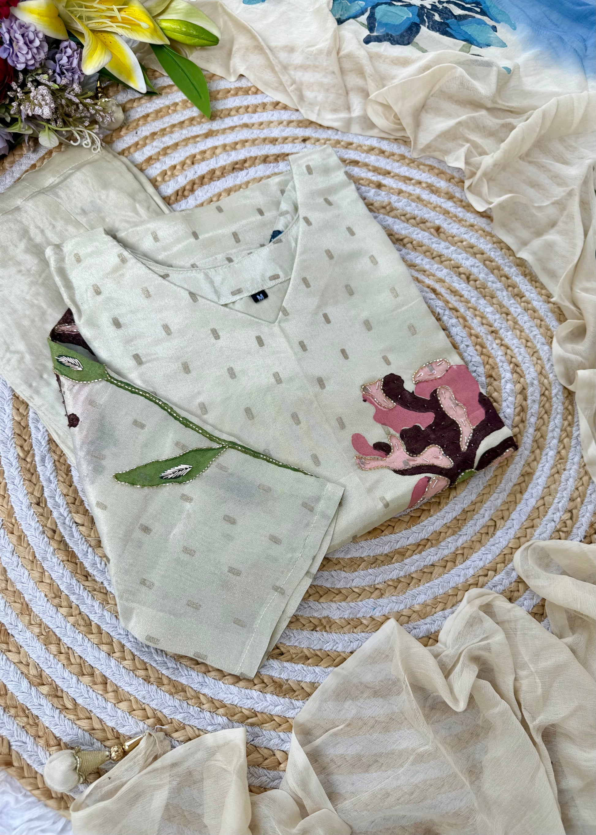 “SUZEN” Tissue silk handprinted floral work kurta set