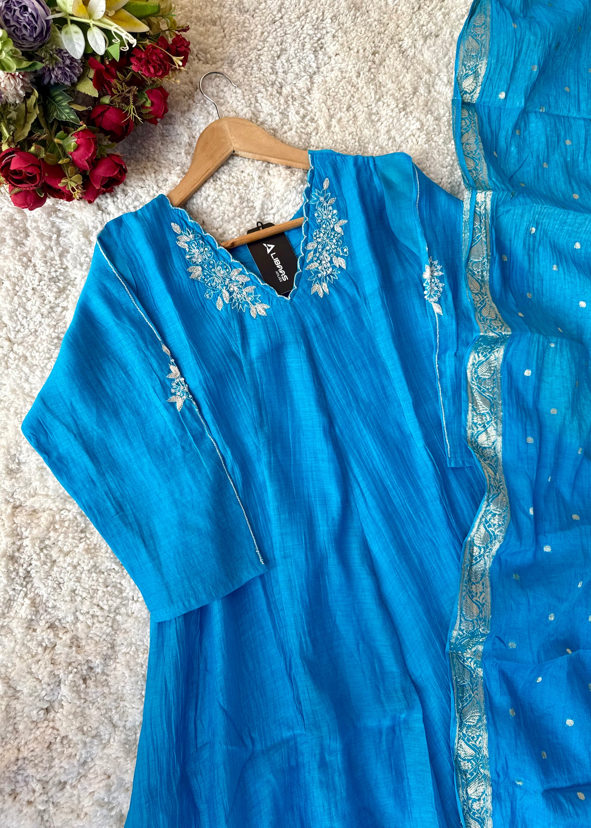 ✨ “Azure – Blue Elegance Mul Chanderi A-Line Suit