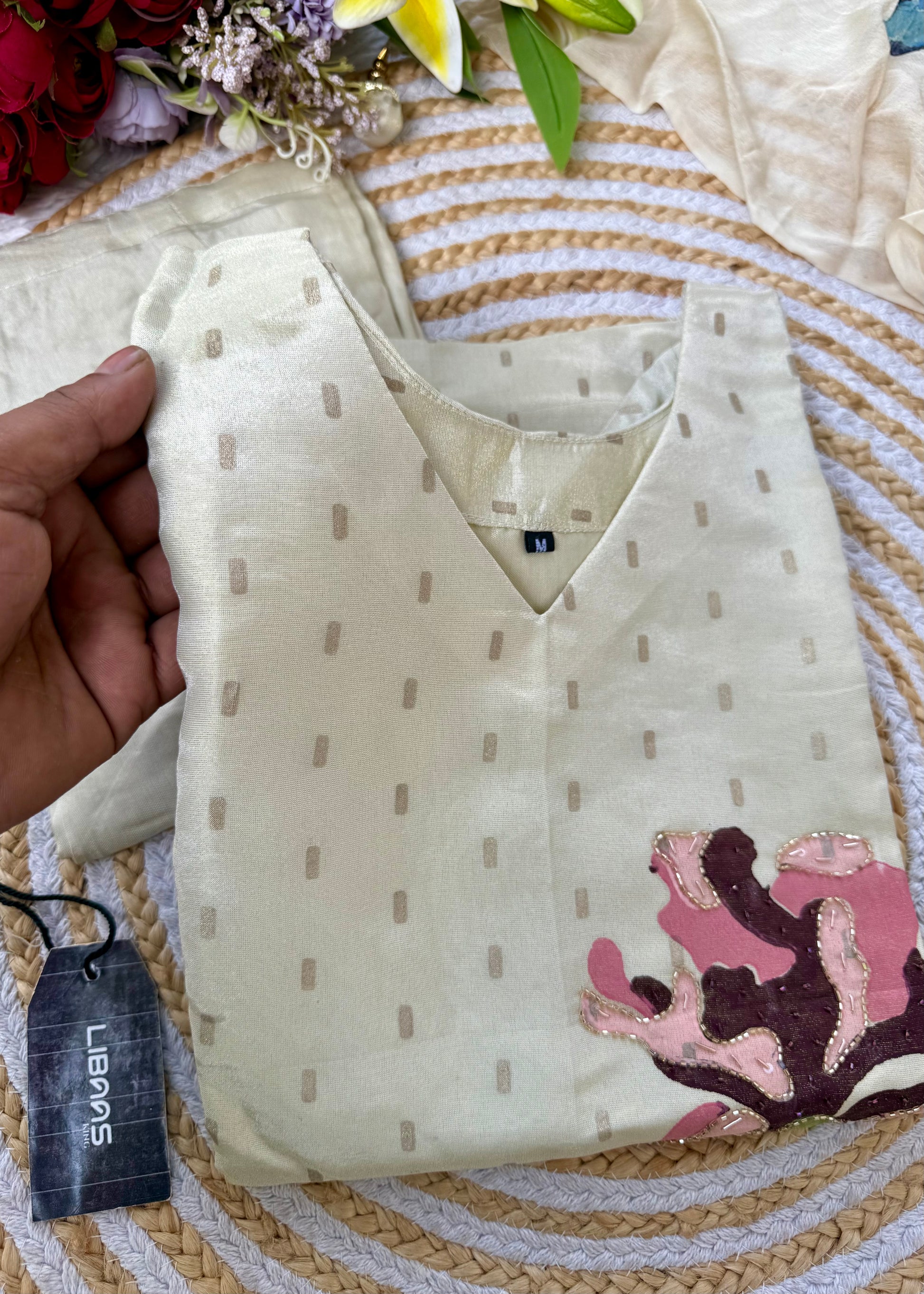“SUZEN” Tissue silk handprinted floral work kurta set