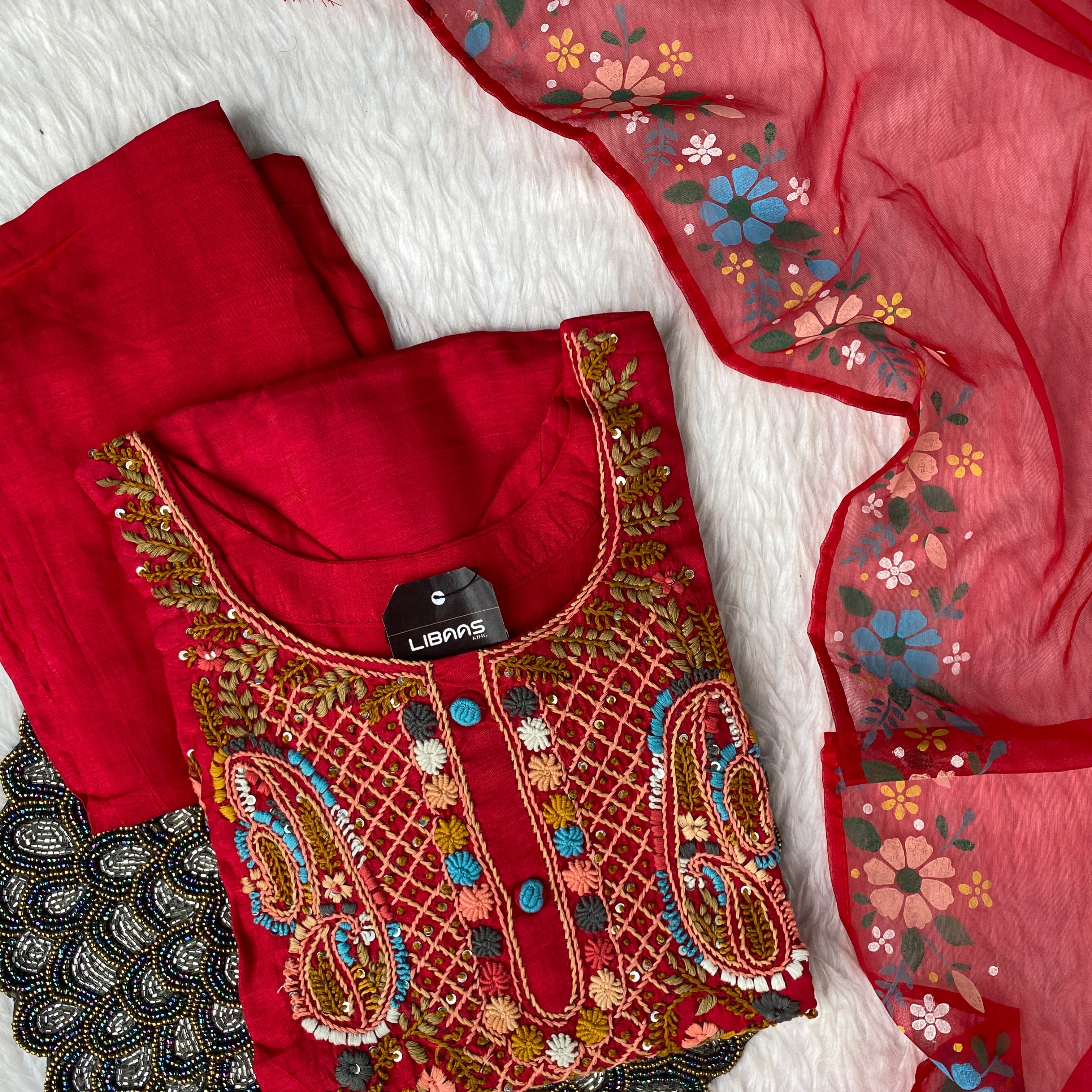 ‘’TANYA” Handcrafted thred work Dola Silk Kurta Dupatta Bottom Set
