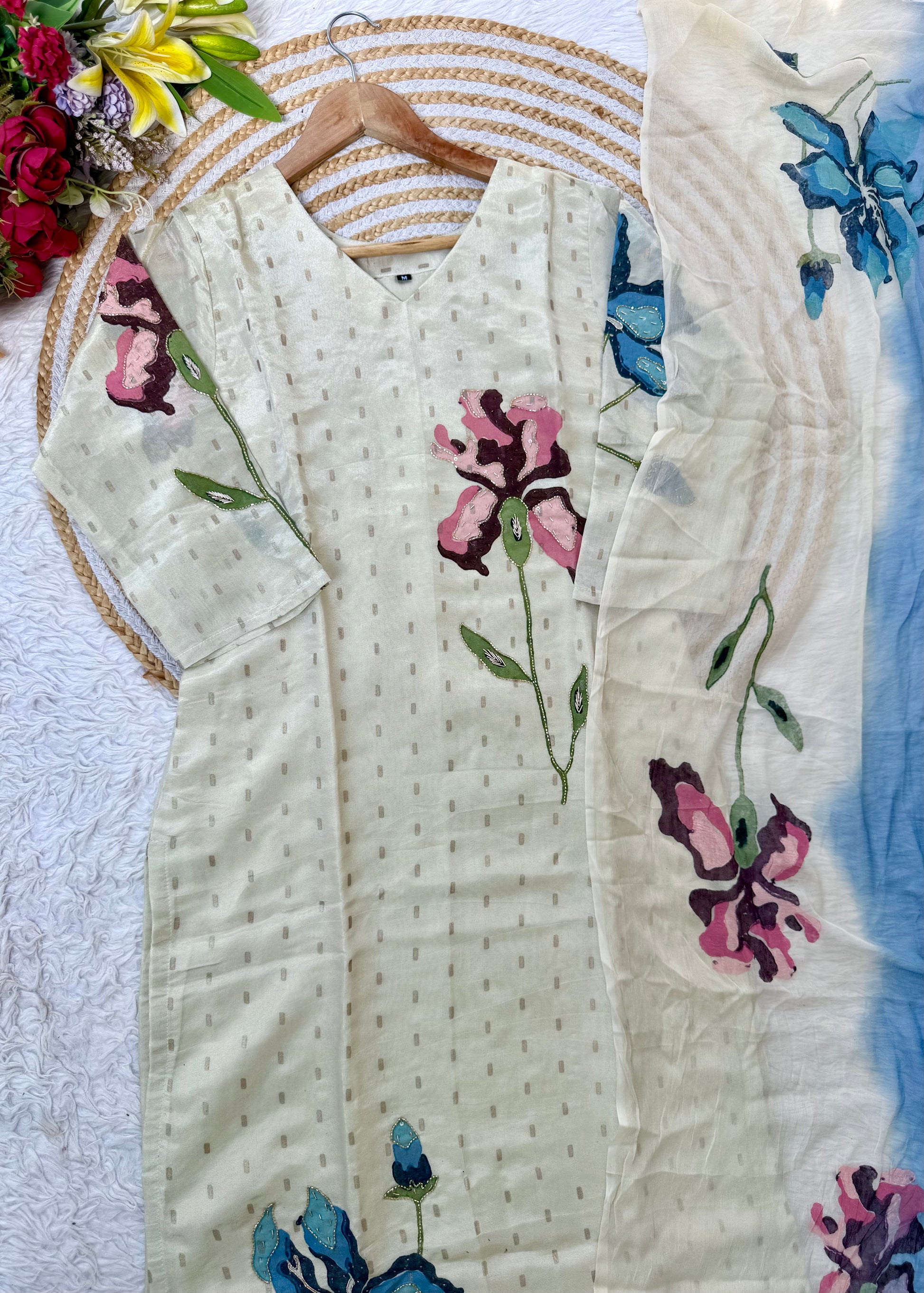 “SUZEN” Tissue silk handprinted floral work kurta set