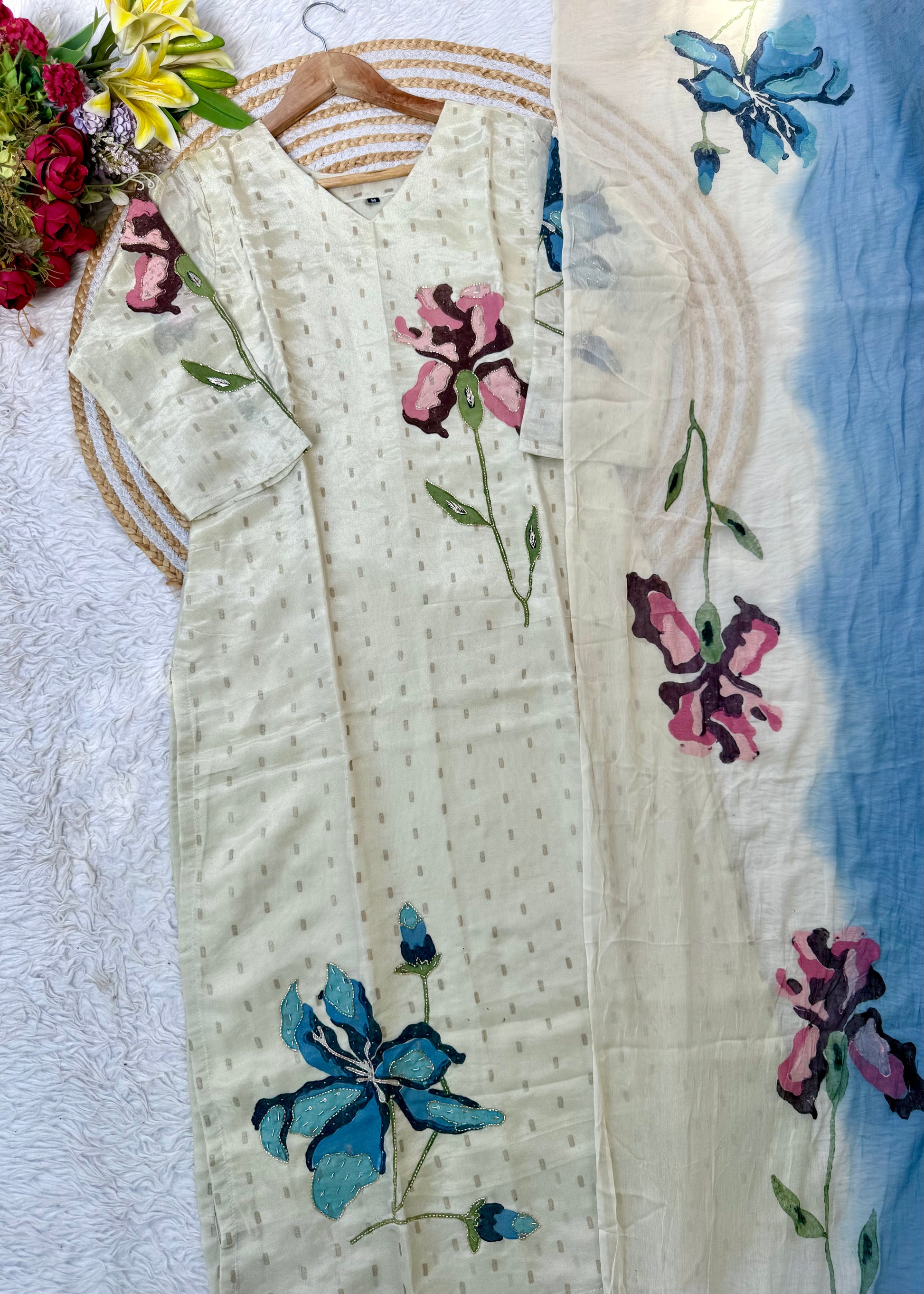 “SUZEN” Tissue silk handprinted floral work kurta set