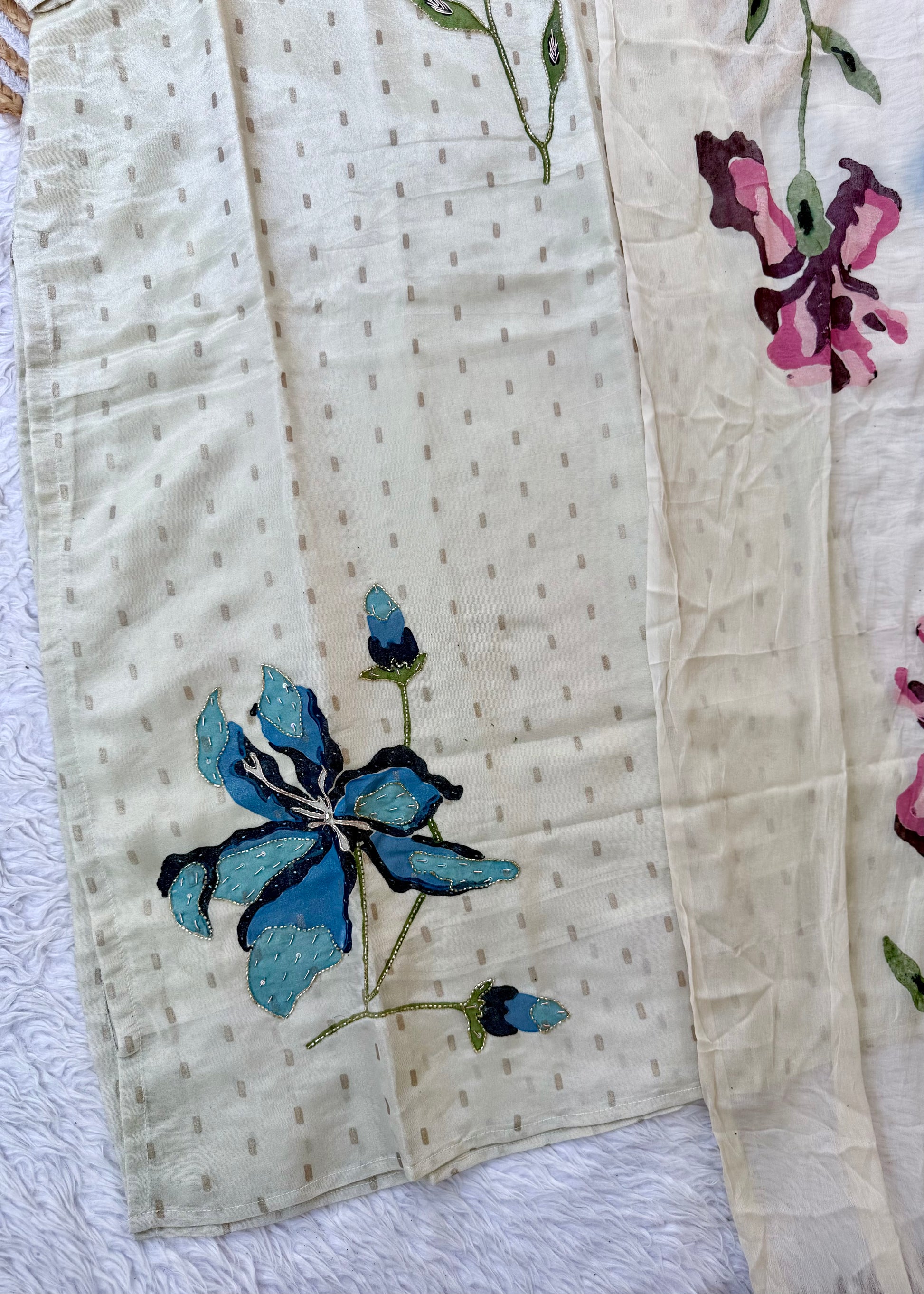 “SUZEN” Tissue silk handprinted floral work kurta set