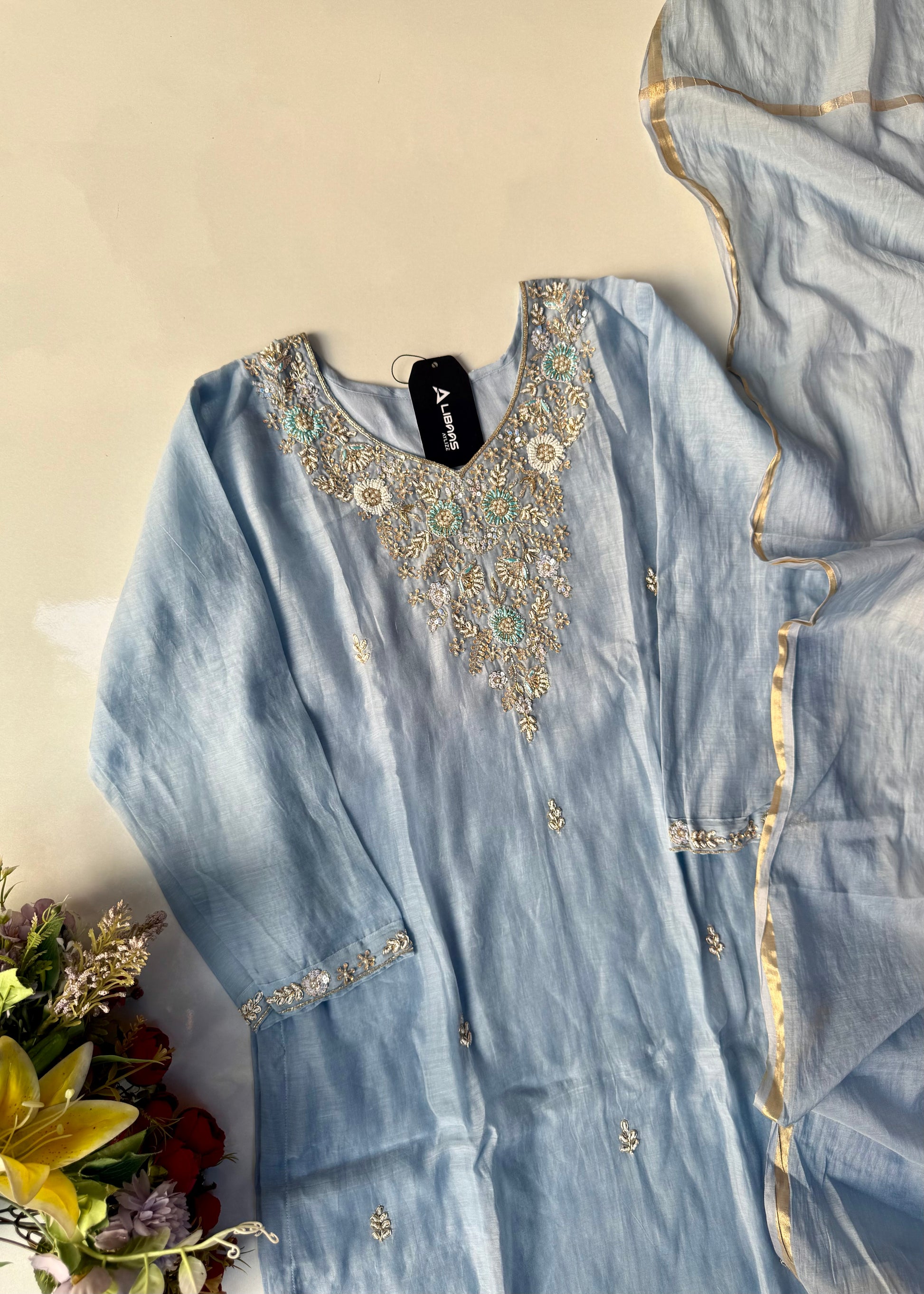 “Rania” Trending Ethnic Wear Powder Blue Mul Chanderi Kurta Set